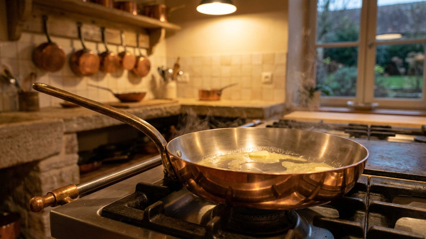 A polished copper sauté pan on a lit gas burner with evenly melting butter and rising steam in a warmly lit French kitchen.