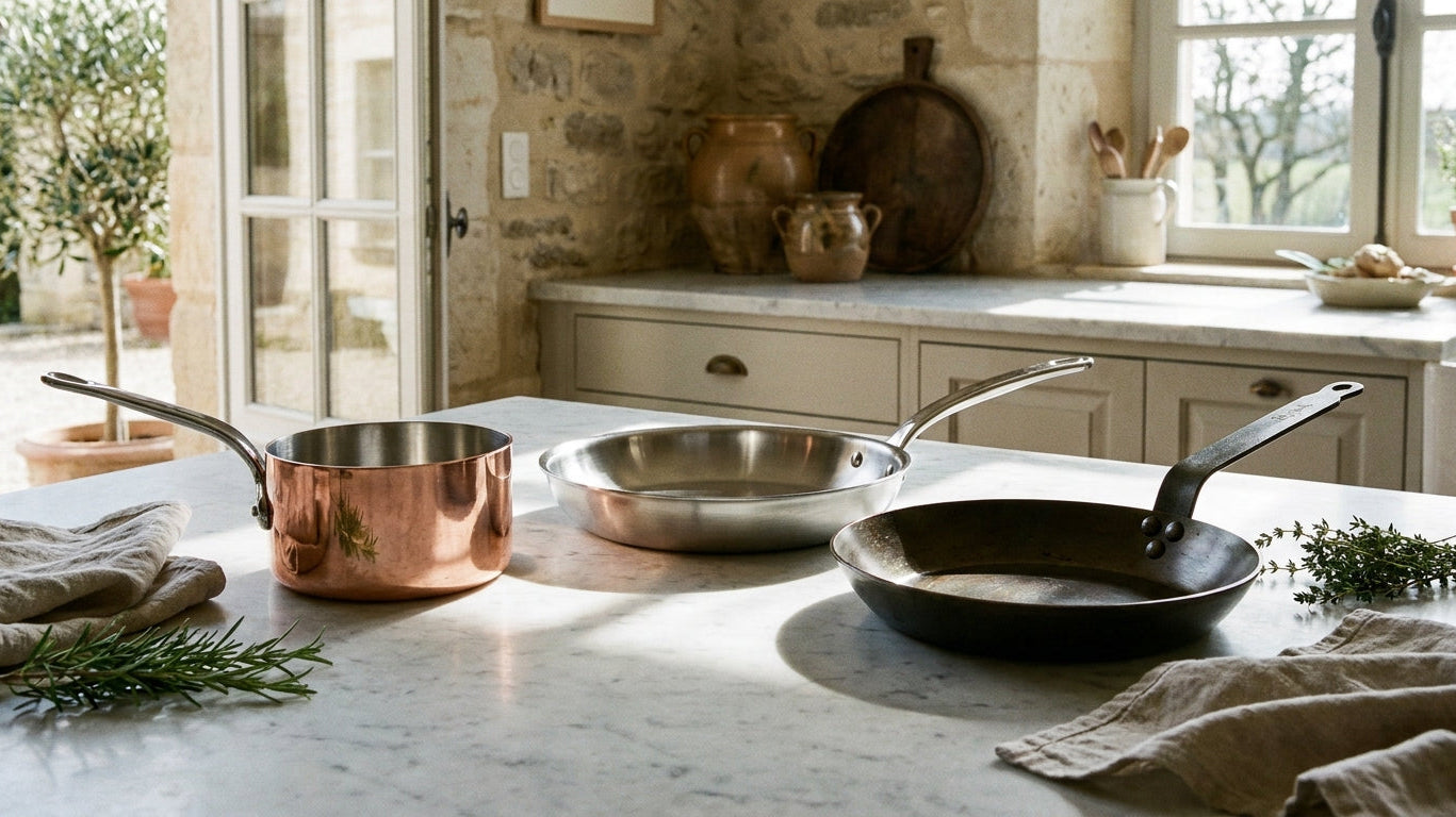 Three Mauviel cookware pans in copper, stainless steel, and carbon steel arranged on a marble surface in soft natural light.