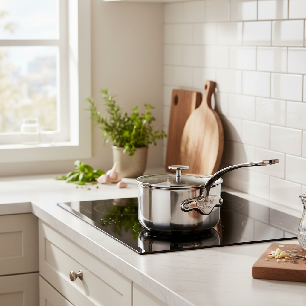 Mauviel M'Pure Sauce Pan With Glass Lid, Cast Stainless Steel Onyx Handle - Mauviel1830