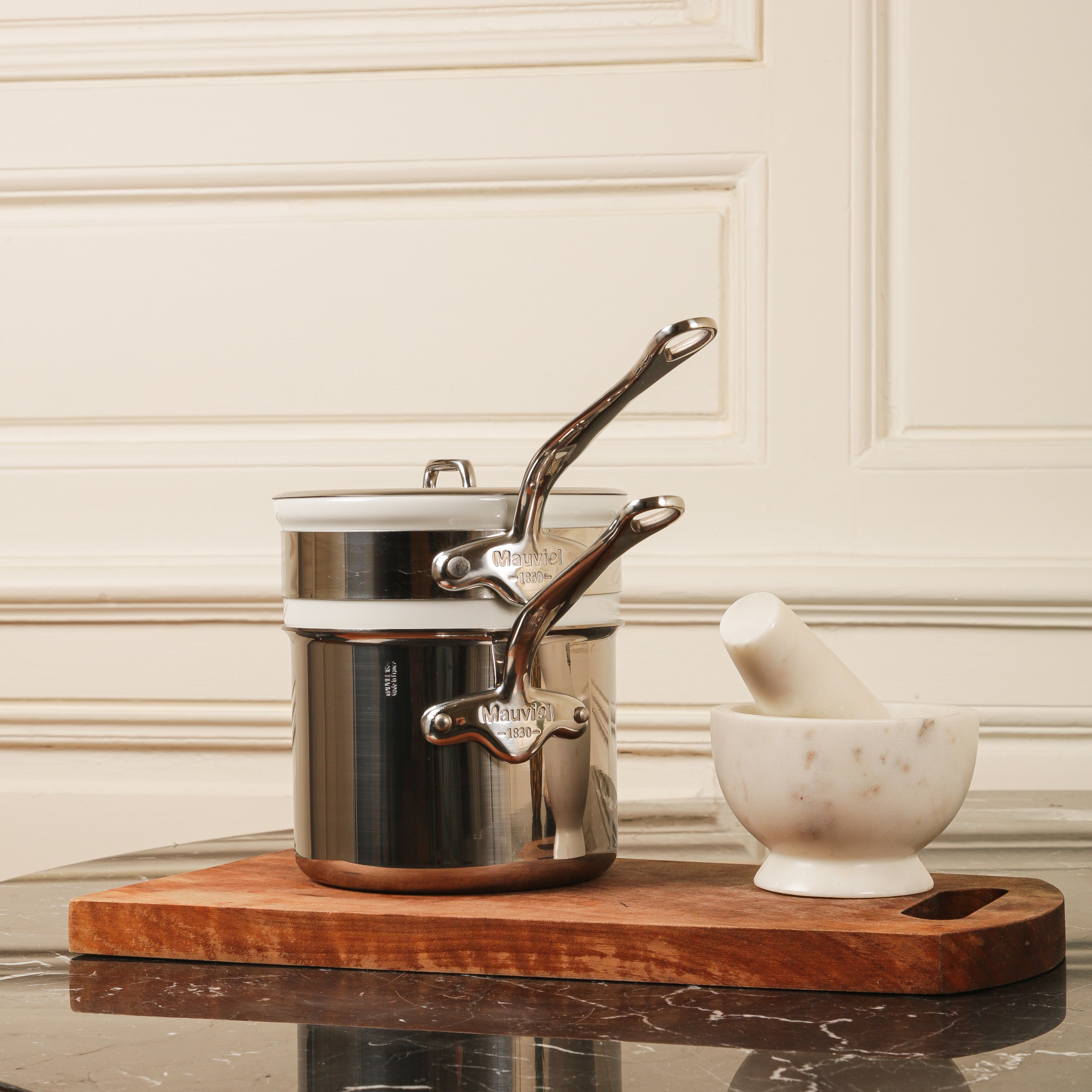 Mauviel Stainless Steel Bain Marie/Double Boiler With Lid, Cast Stainless Steel Handle, 0.9-Qt - Mauviel1830