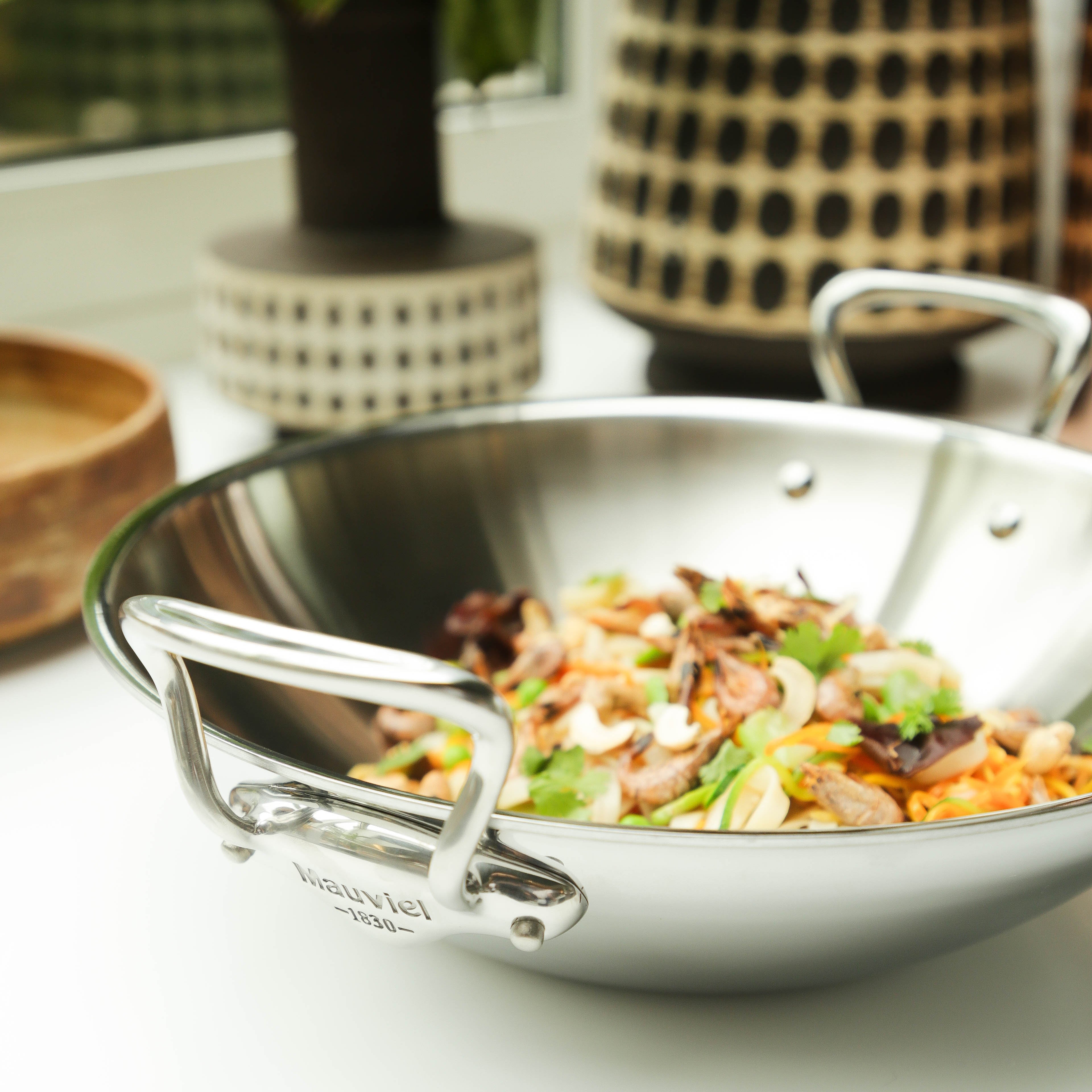 Mauviel M'COOK 5-Ply Wok With Rack, Two Cast Stainless Steel Handles, 12.6-In - Mauviel1830
