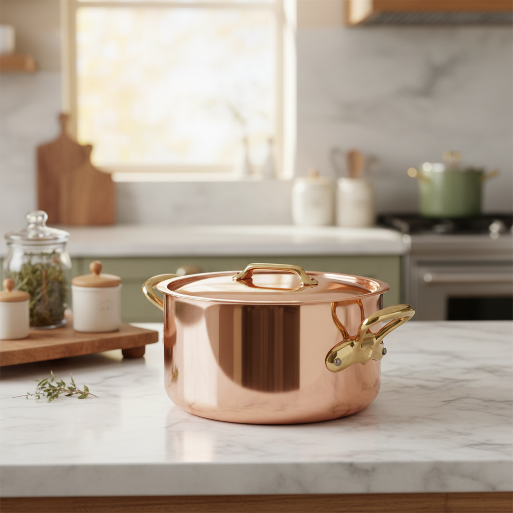 Mauviel M'Heritage M'200 B Copper Stewpan With Lid, Brass Handles, 6.1-Qt - Mauviel1830