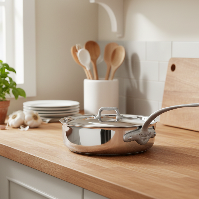 Mauviel M'Cook SB 5-Ply stainless steel saute pan with lid, brushed handle, 3.4-quart capacity, ideal for versatile cooking.