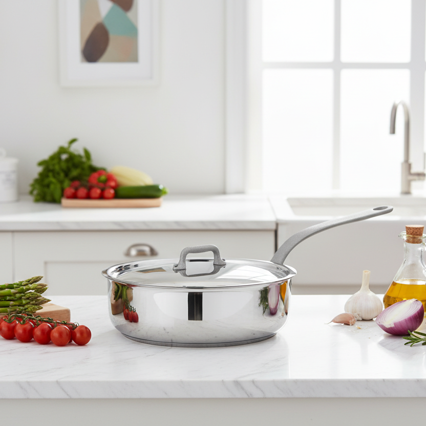 Mauviel M'Cook SB 5-ply stainless steel saute pan with lid, brushed handle, 3.4-quart capacity, ideal for sautéing and frying
