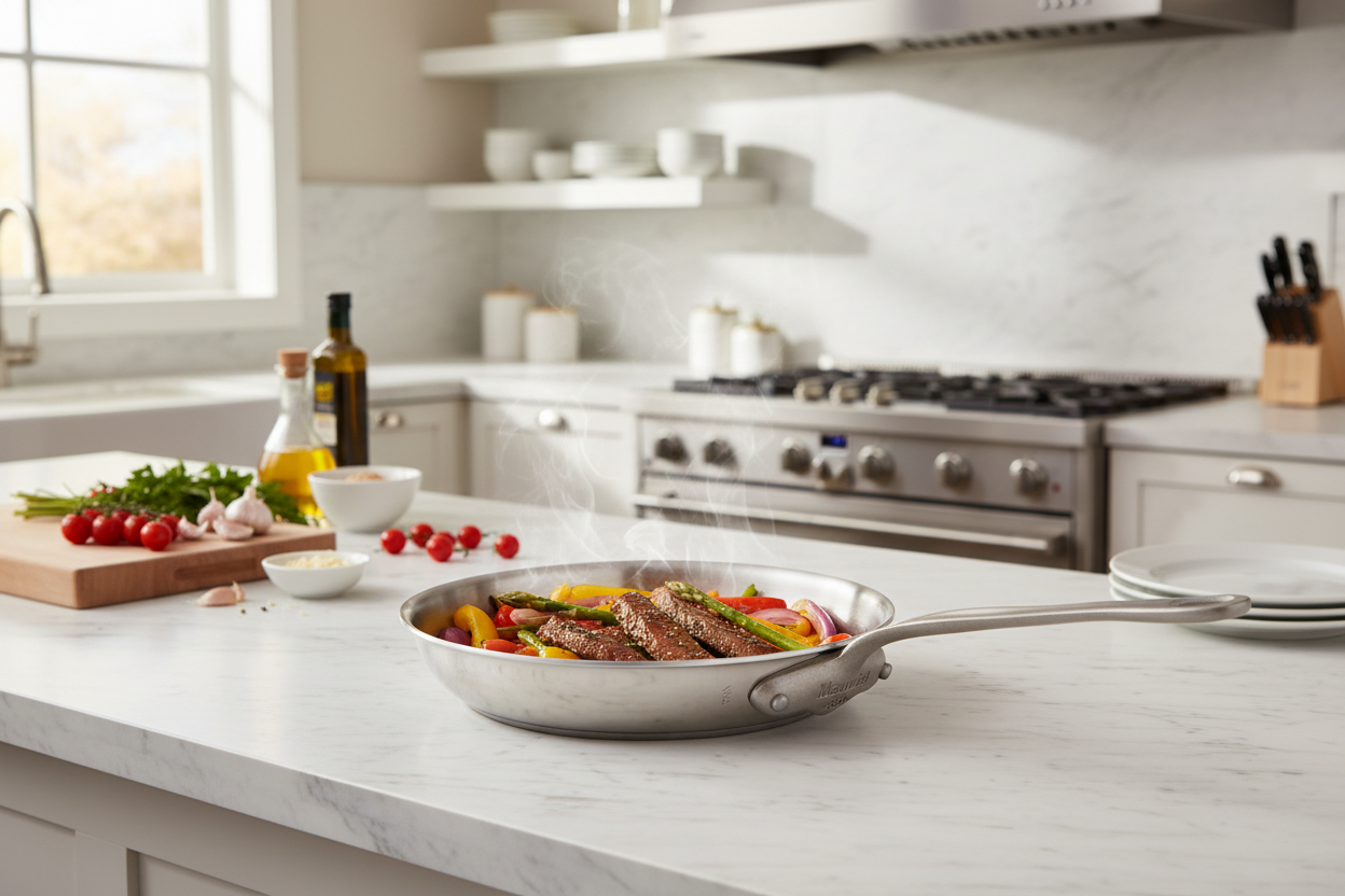 Mauviel M'Cook SB 5-Ply Frying Pan With Brushed Cast Stainless Steel Handle, 10.2-In - Mauviel1830