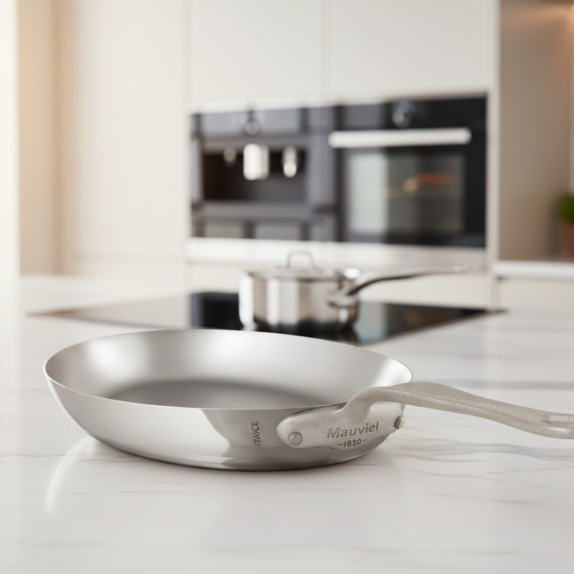 Mauviel M'Cook SB 5-Ply oval frying pan with brushed cast stainless steel handle, 13.5 x 9.1 inches, stainless steel cookware