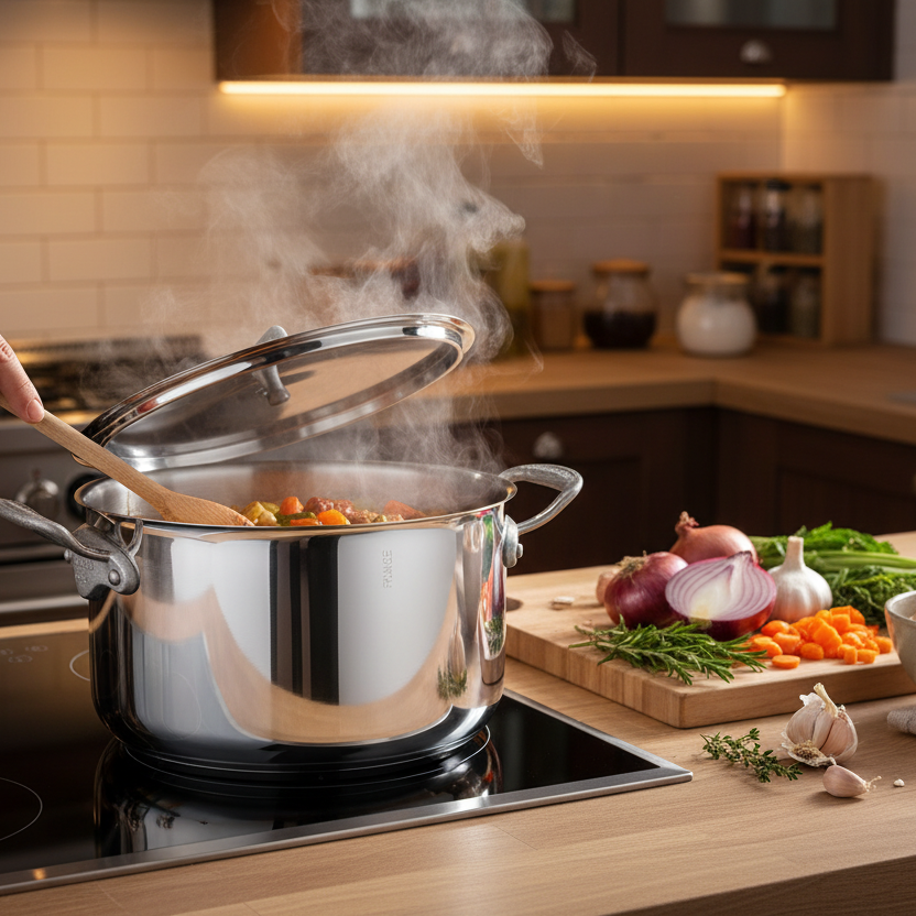 Mauviel M'Cook SB 5-Ply stainless steel stewpan with lid, brushed cast stainless steel handles, 6.1-quart capacity, stockpot.