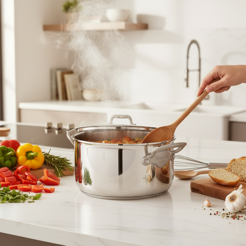 Mauviel M'Cook SB 5-Ply stainless steel stewpan with lid and brushed cast stainless steel handles, 6.1-quart capacity