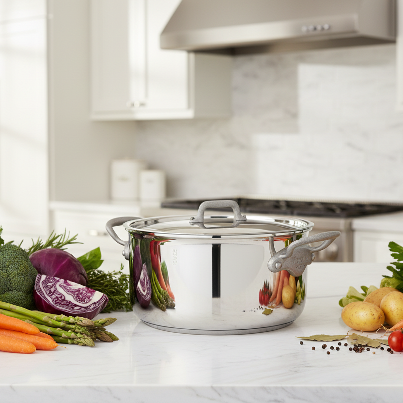 Mauviel M'Cook SB 5-Ply stainless steel stewpan with lid, brushed cast stainless steel handles, 6.1-quart capacity, stockpot