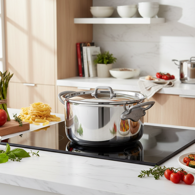 Mauviel M'Cook SB 5-Ply stainless steel stockpot with lid, brushed cast stainless steel handles, 6.1-quart capacity