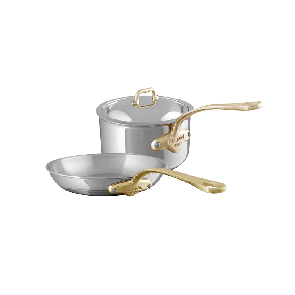 Mauviel M'COOK B cookware set with 2.6-Qt sauce pan with lid and 10.2-inch frying pan, brass handles, stainless steel finish.