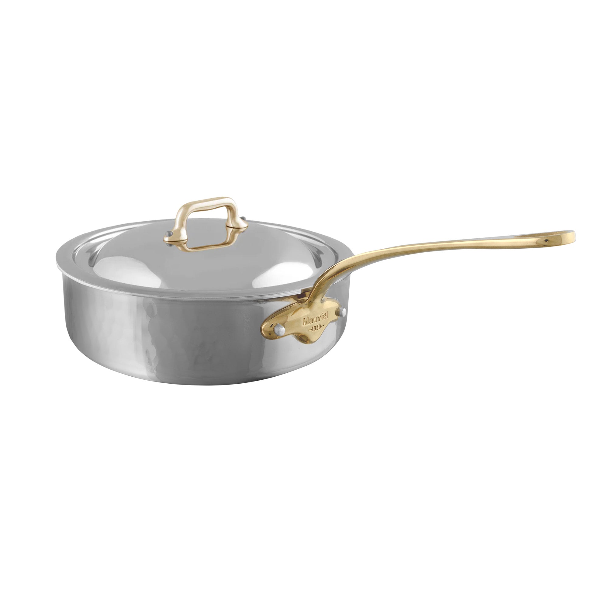 Mauviel M'ELITE B Hammered 5-Ply Saute Pan With Curved Lid, Brass Handle, 5.1-Qt - Mauviel1830