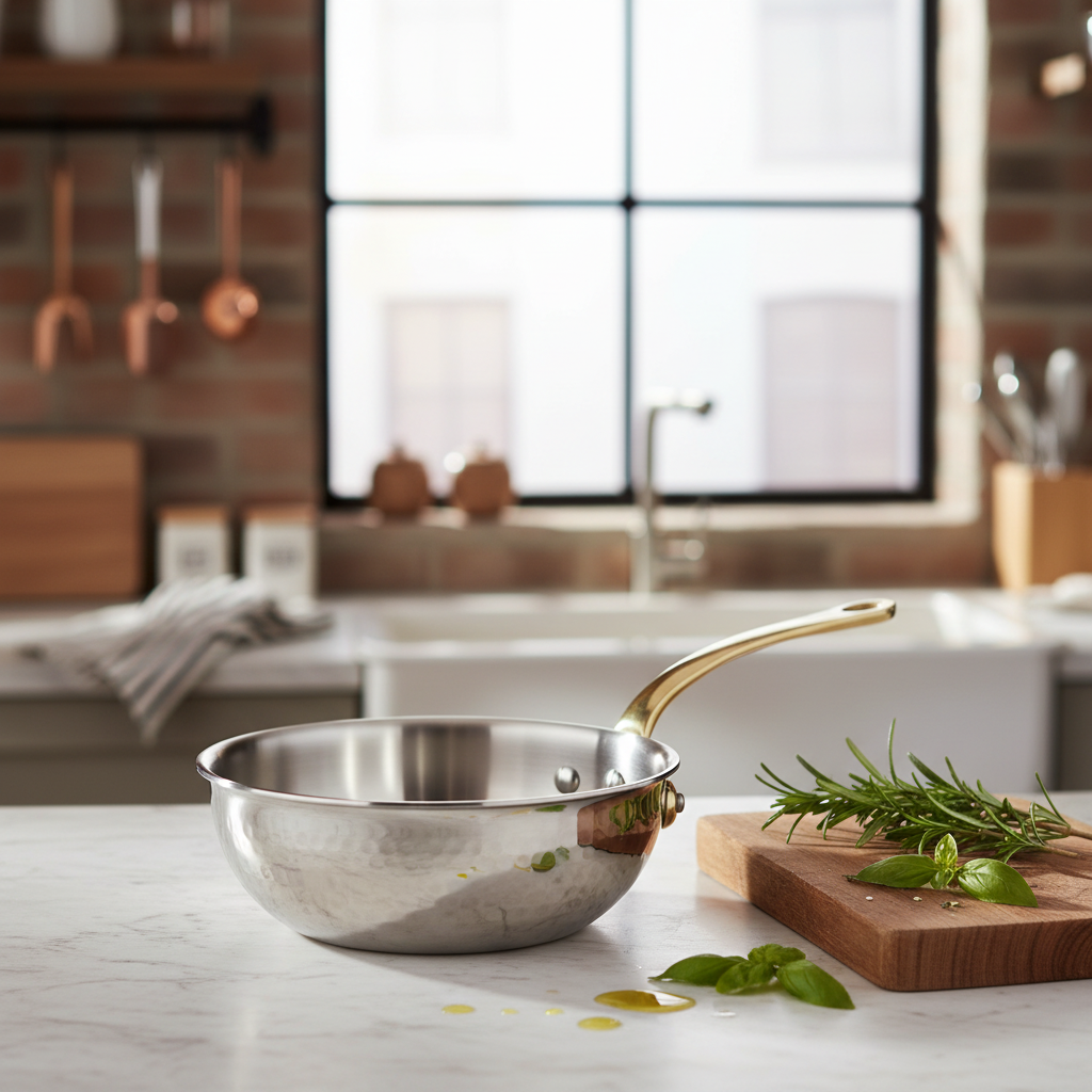 Mauviel M'ELITE B hammered 5-ply chef pan with brass handle, 3.4-quart, showing its durable construction and polished finish.