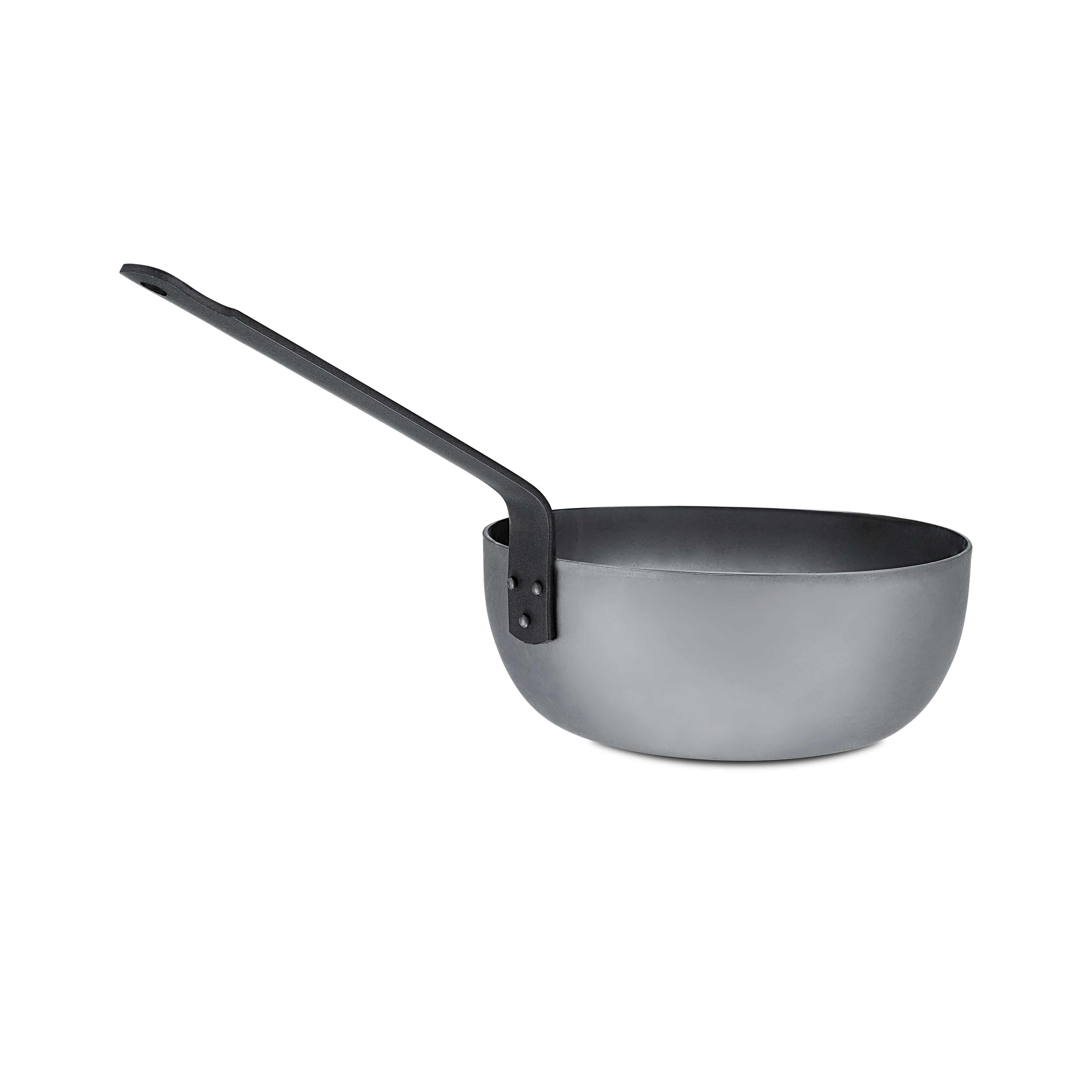 Mauviel M'STEEL black carbon steel chef pan with iron handle, shown from top view, ideal for professional cooking and sautéing.