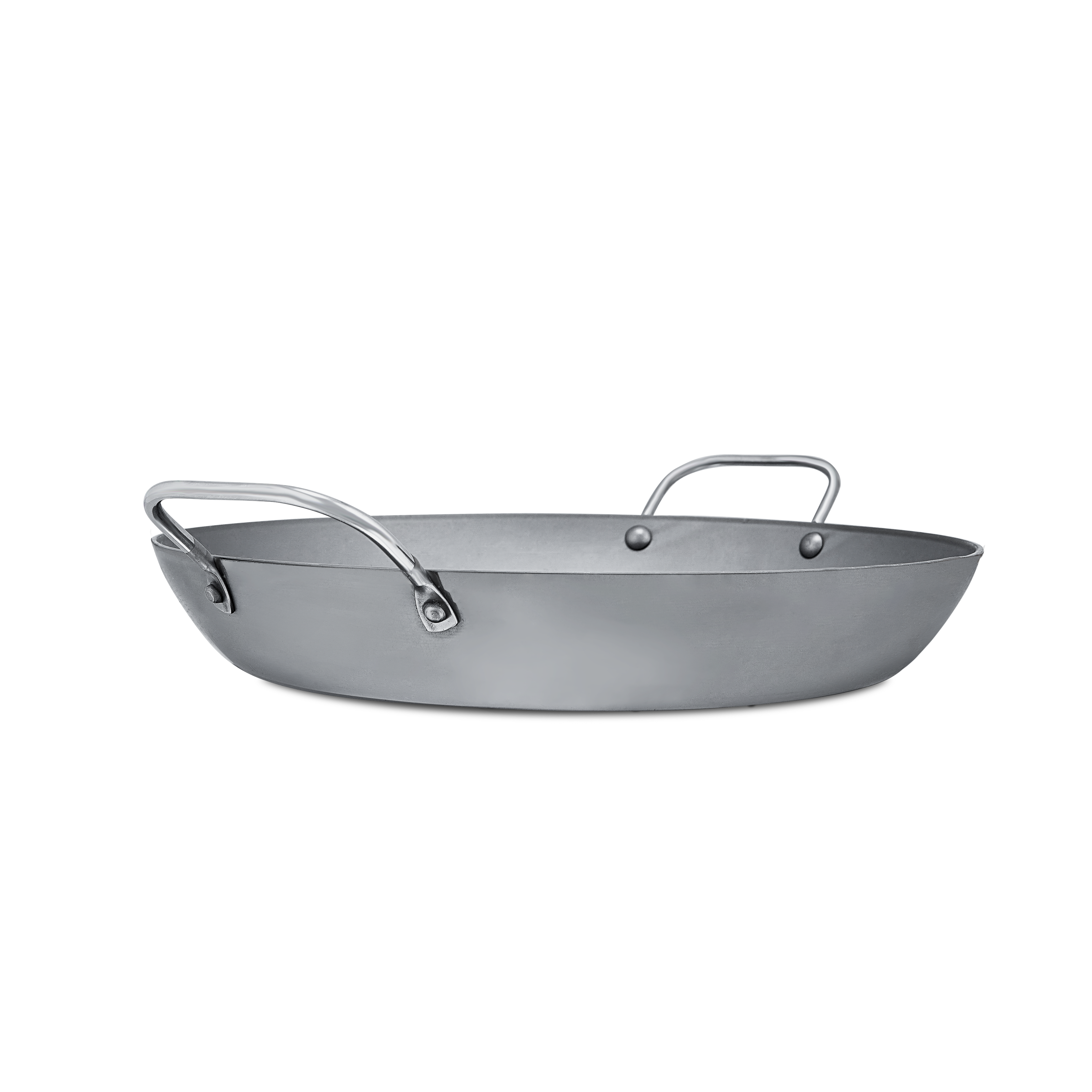 Mauviel M'STEEL black carbon steel paella pan with iron handles, showing a round frying pan with a flat cooking surface and sturdy handles.