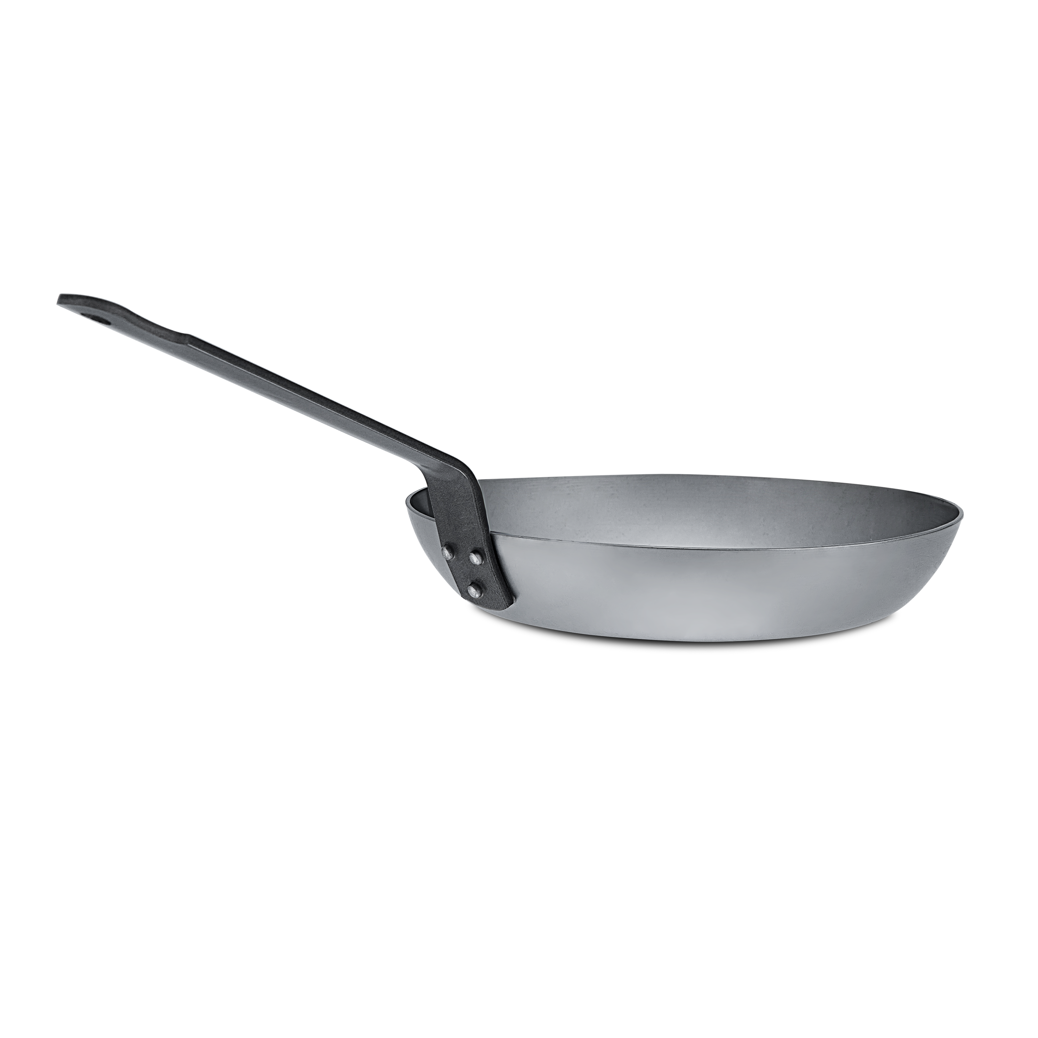 Mauviel M'STEEL black carbon steel round frying pan with iron handle, showing a smooth cooking surface and sturdy handle design