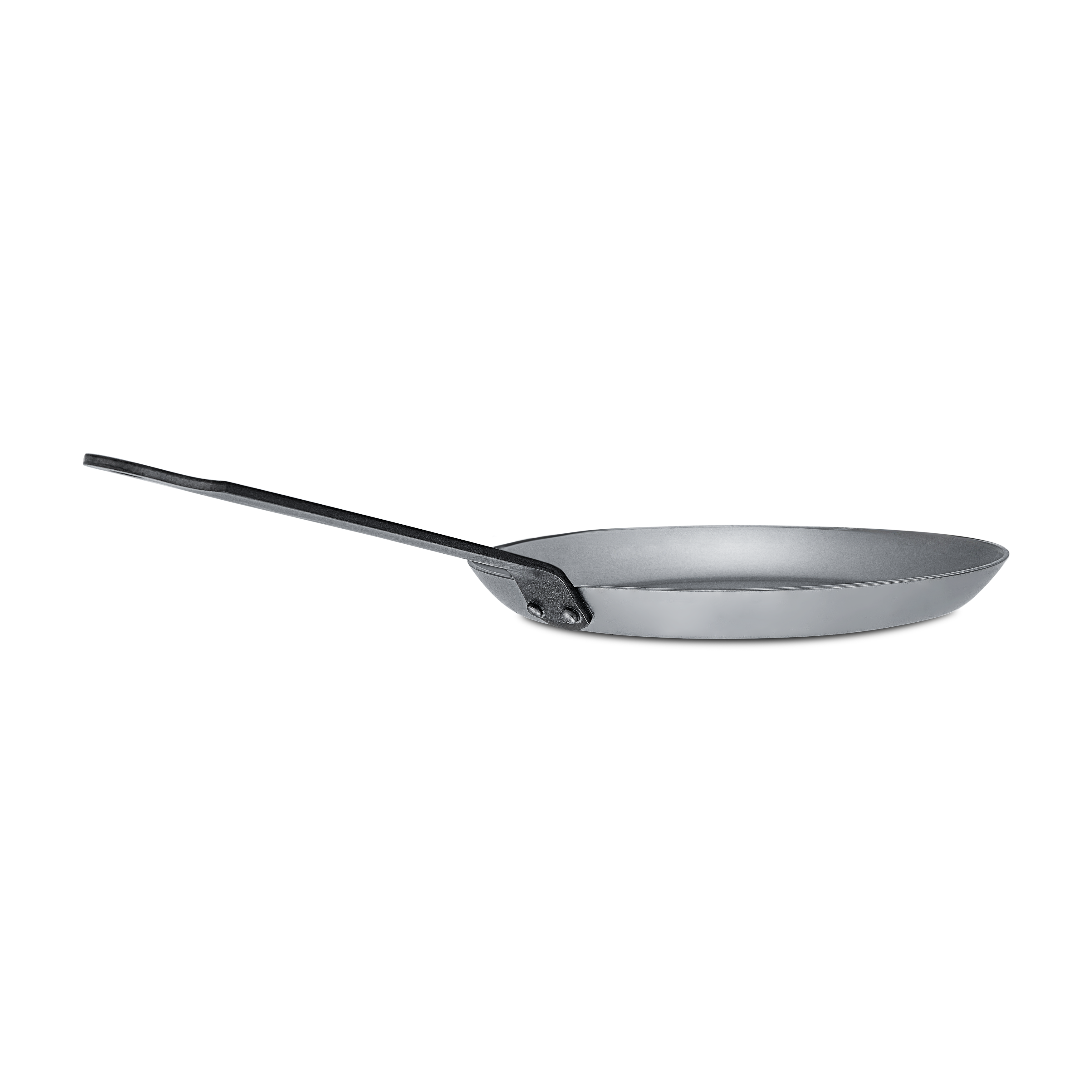 Mauviel M'STEEL black carbon steel crepe pan with iron handle, ideal for making thin, even crepes and delicate pancakes.