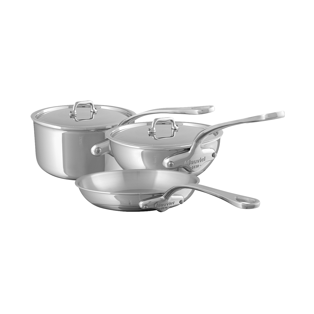 Mauviel M'URBAN 4 Tri-Ply 5-piece cookware set with stainless steel handles, includes pots and pans for versatile cooking.