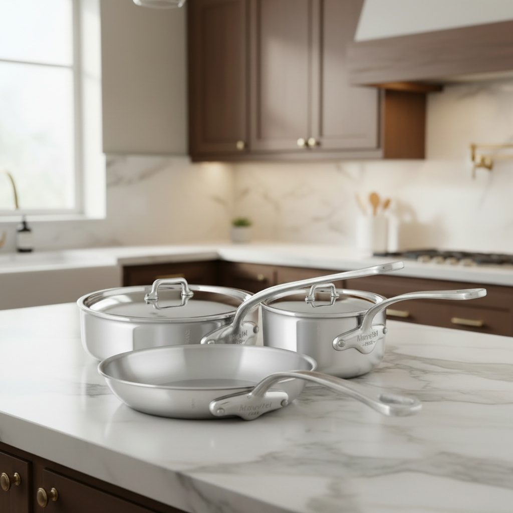 Mauviel M'URBAN 4 Tri-Ply 5-piece cookware set with stainless steel handles, including pots and pans for versatile cooking.