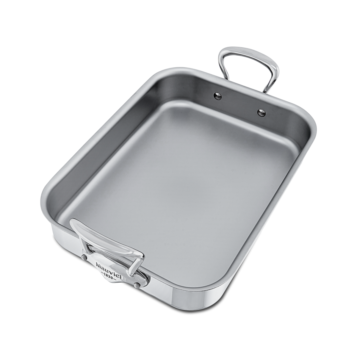 Mauviel stainless steel roasting pan with cast stainless steel handles, measuring 15.7 x 11.8 inches, ideal for oven roasting.
