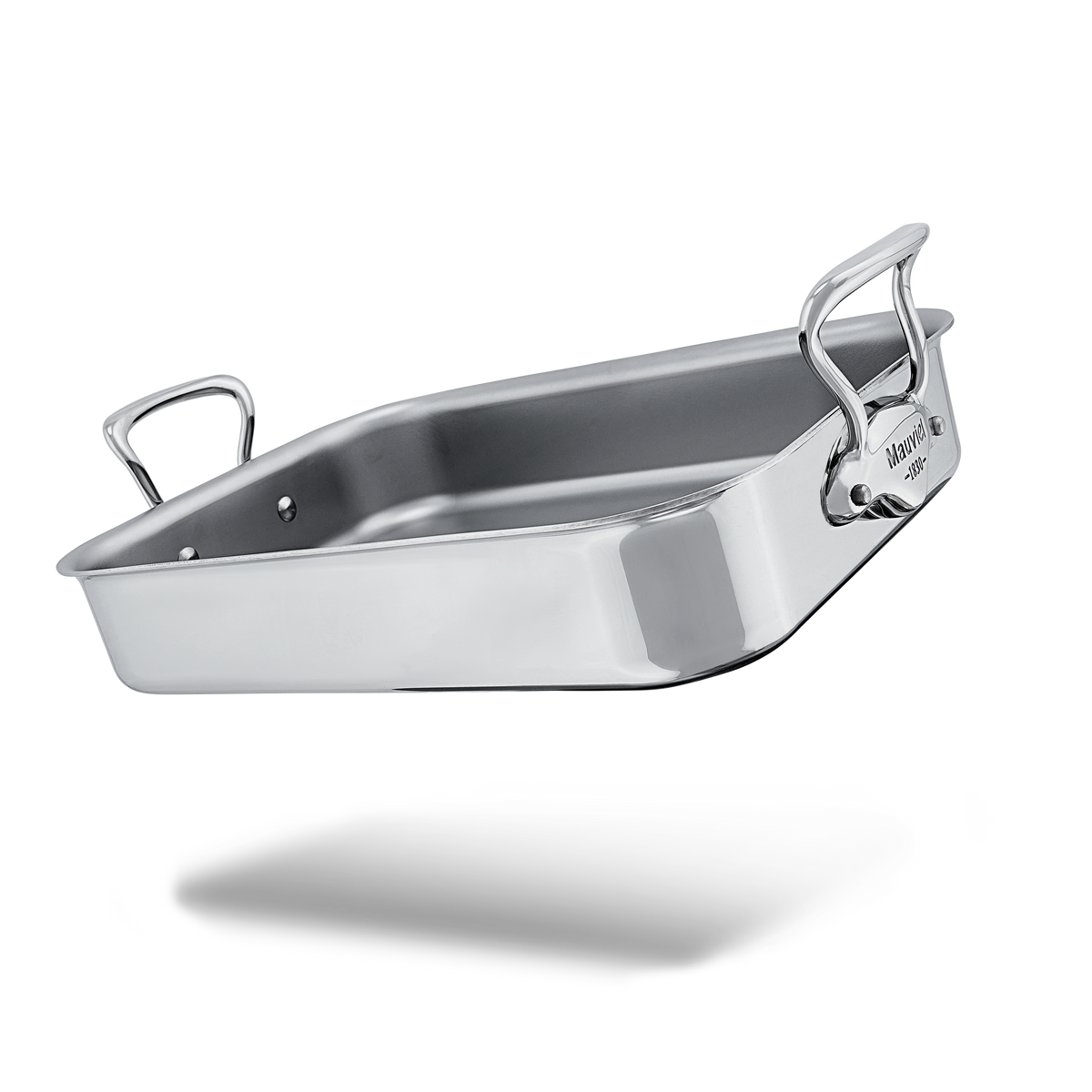 Mauviel stainless steel roasting pan with cast stainless steel handles, 15.7 x 11.8 inches, ideal for roasting meats and vegetables.