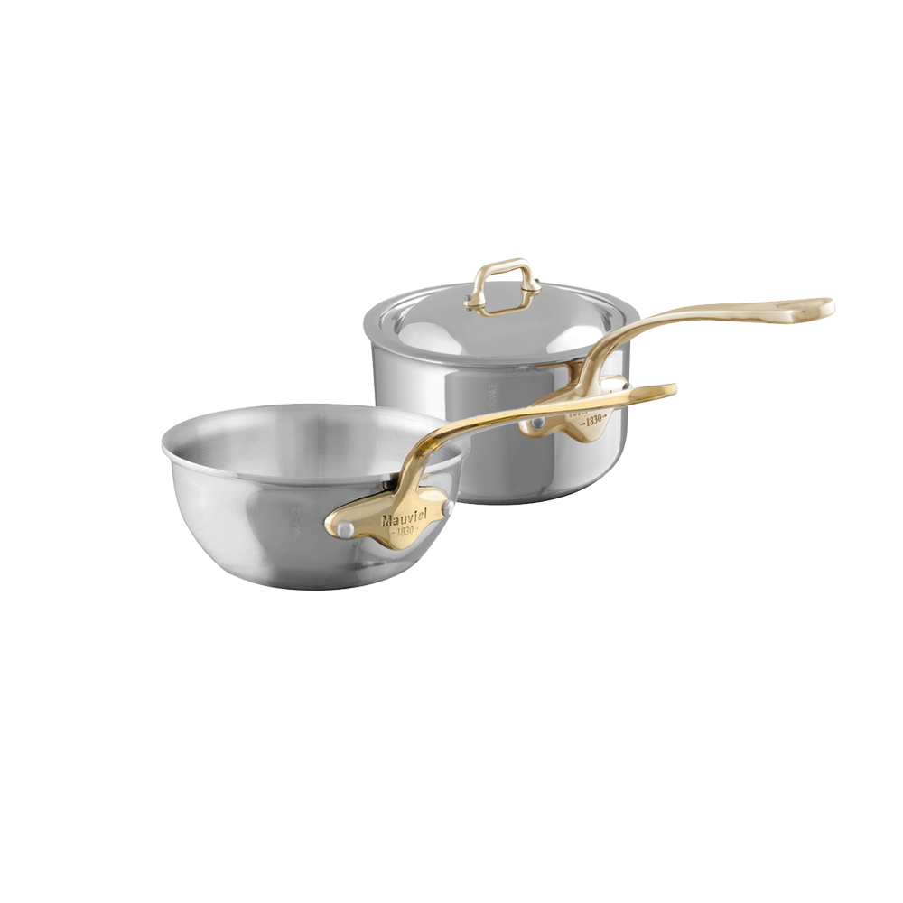 Mauviel M'COOK 5-ply saucepan 1.8 Qt and chef pan 3.4 Qt with brass handles, high-quality cookware set, shiny stainless steel finish