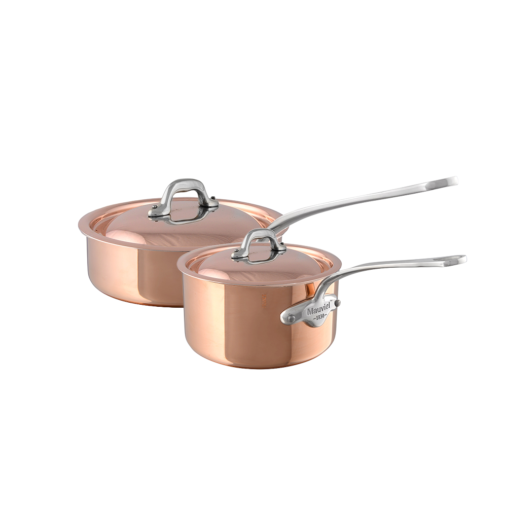 Mauviel M'Heritage M'150 S Copper Sauce Pan With Curved Lid 0.9-Qt And Saute Pan With Curved Lid 3.5-Qt, Cast Stainless Steel - Mauviel1830