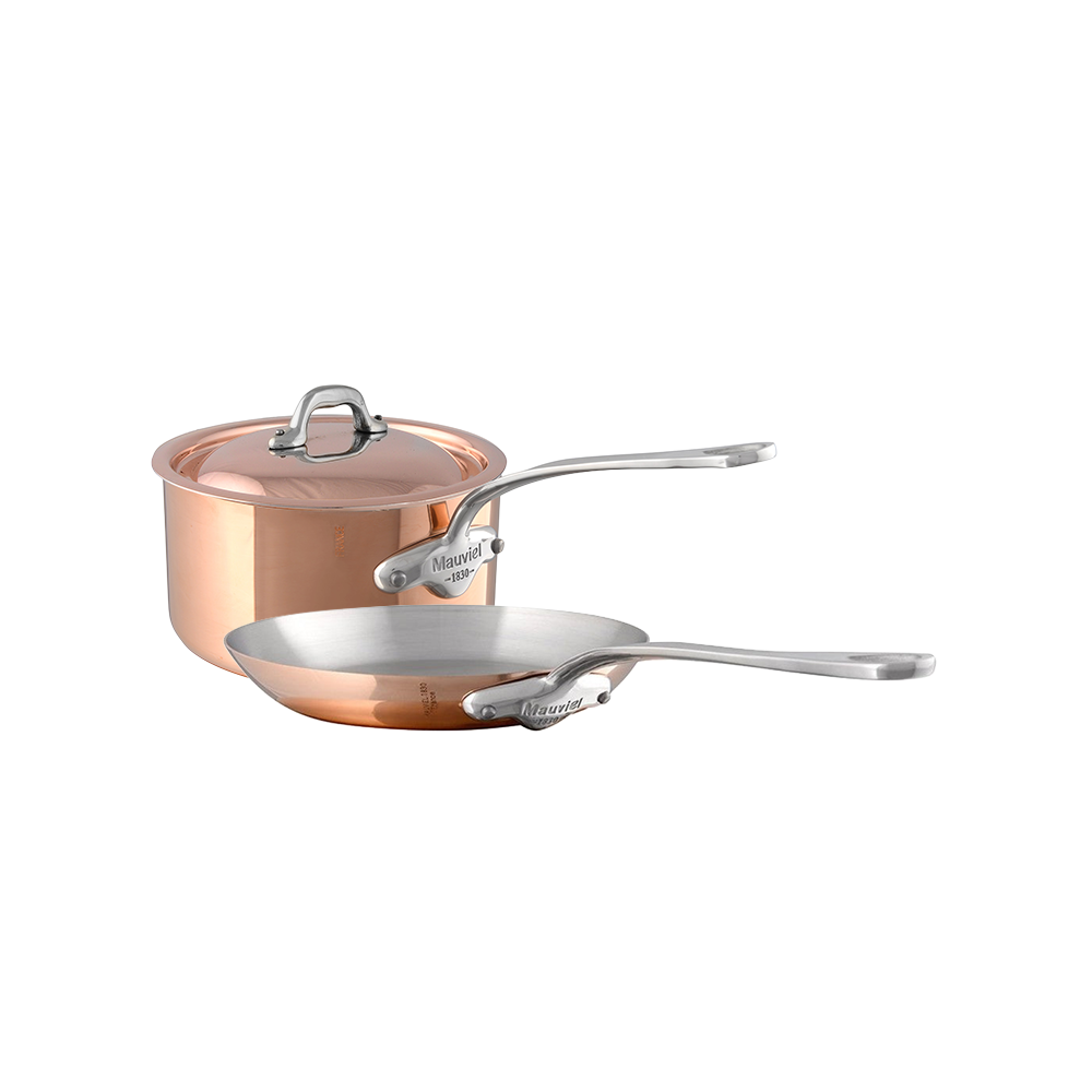 Mauviel M'Heritage M'150 S Copper Sauce Pan With Curved Lid 1.9-Qt And Fry Pan 7.9-In, Cast Stainless Steel Handles - Mauviel1830
