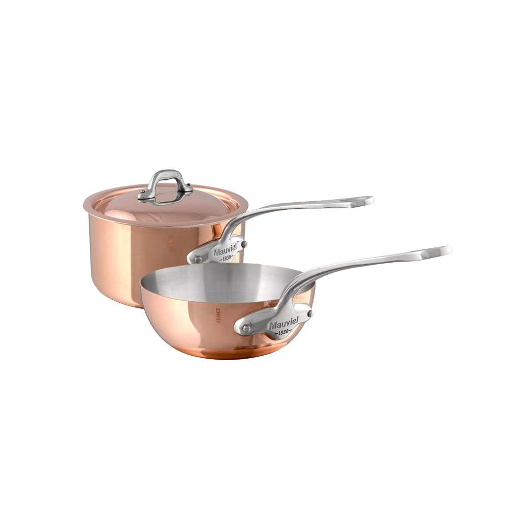 Mauviel M'Heritage M'150 S Copper Sauce Pan With Curved Lid 2.8-Qt and Chef Pan 2.1-Qt, Cast Stainless Steel Handles - Mauviel1830
