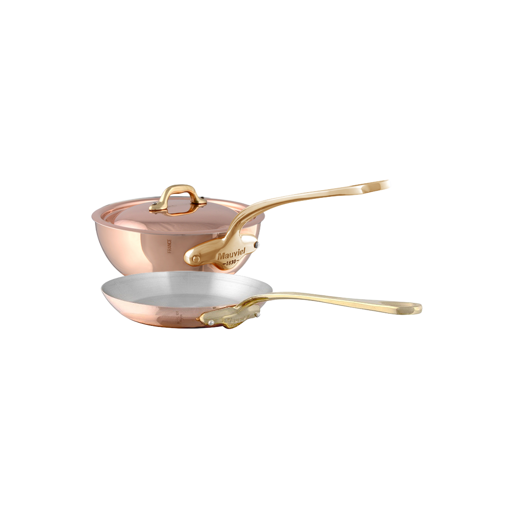 Mauviel M'Heritage M'150 B Copper Chef Pan With Lid 1.3-Qt and Fry Pan 11.8-In, Brass Handles - Mauviel1830