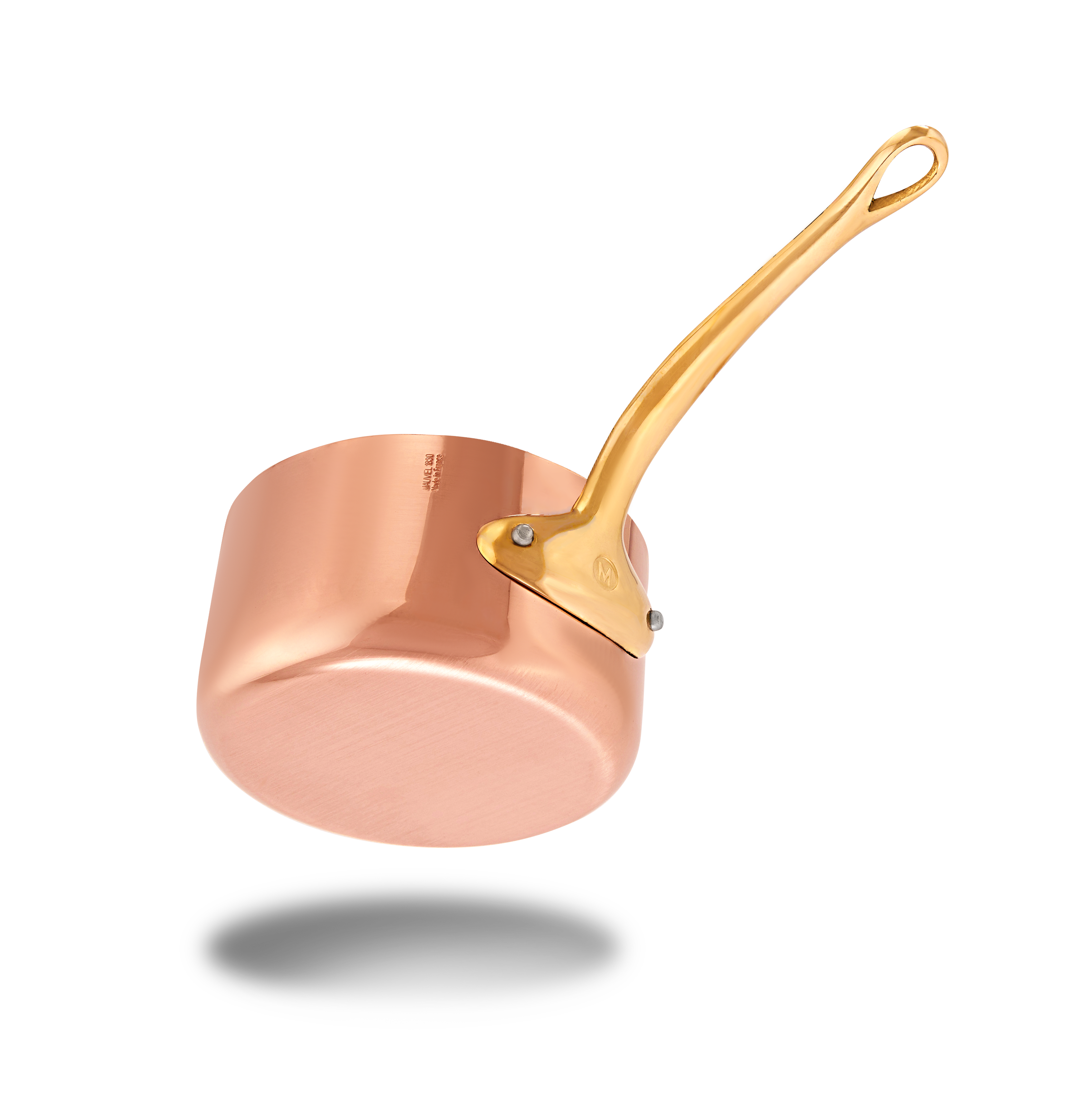 Mauviel M'Heritage M'250 B copper sauce pan with brass handle and lid, showcasing polished copper surface and sturdy handle.