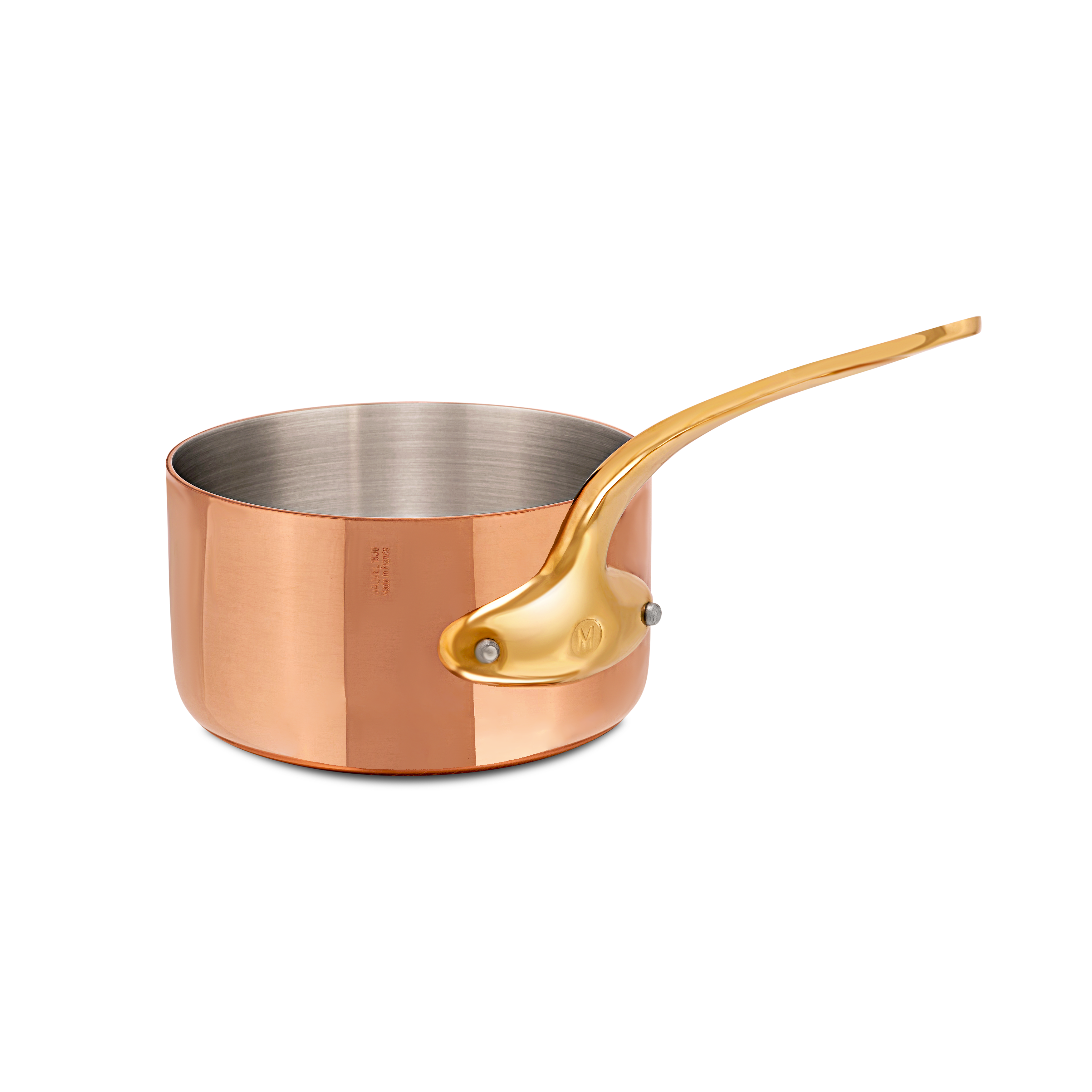 Mauviel M'Heritage M'250 B copper sauce pan with brass handle and lid, showcasing a polished copper exterior and sturdy brass details.