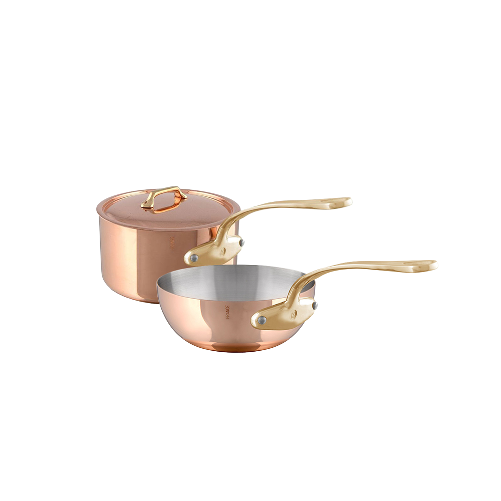 Mauviel M'Heritage M'200 B Sauce Pan With Lid 1.8-Qt and Chef Pan 2.1-Qt, Brass Handles - Mauviel1830