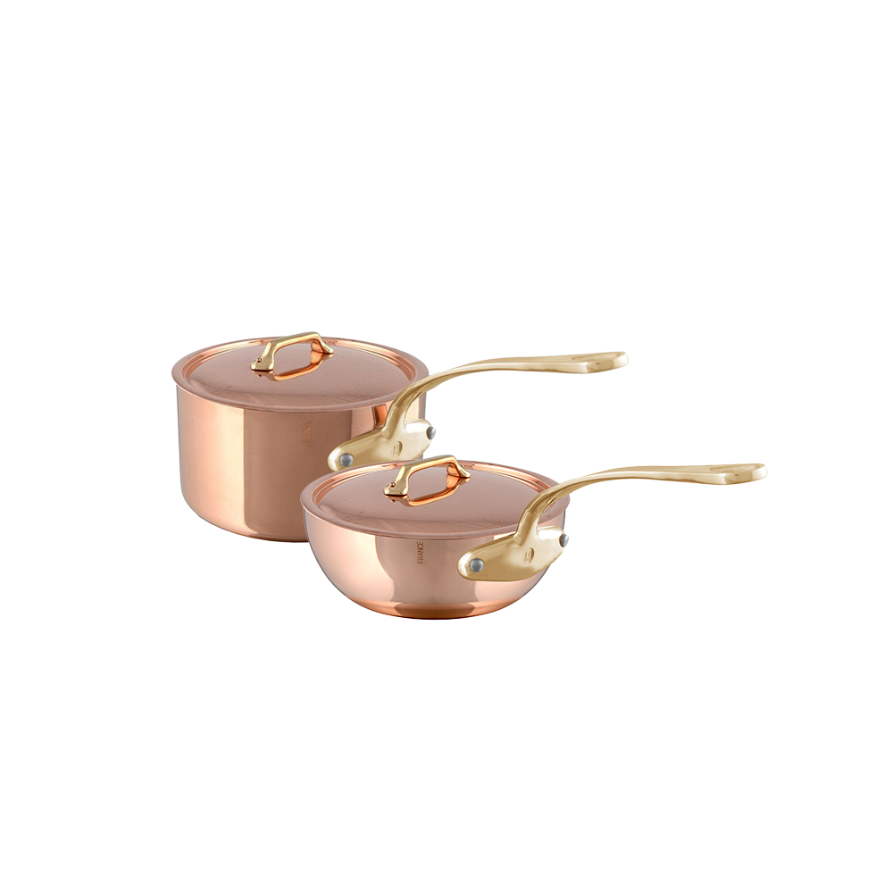 Mauviel M'Heritage M'200 B Sauce Pan With Lid 3.3-Qt and Chef Pan With Lid 3.7-Qt, Brass Handles - Mauviel1830