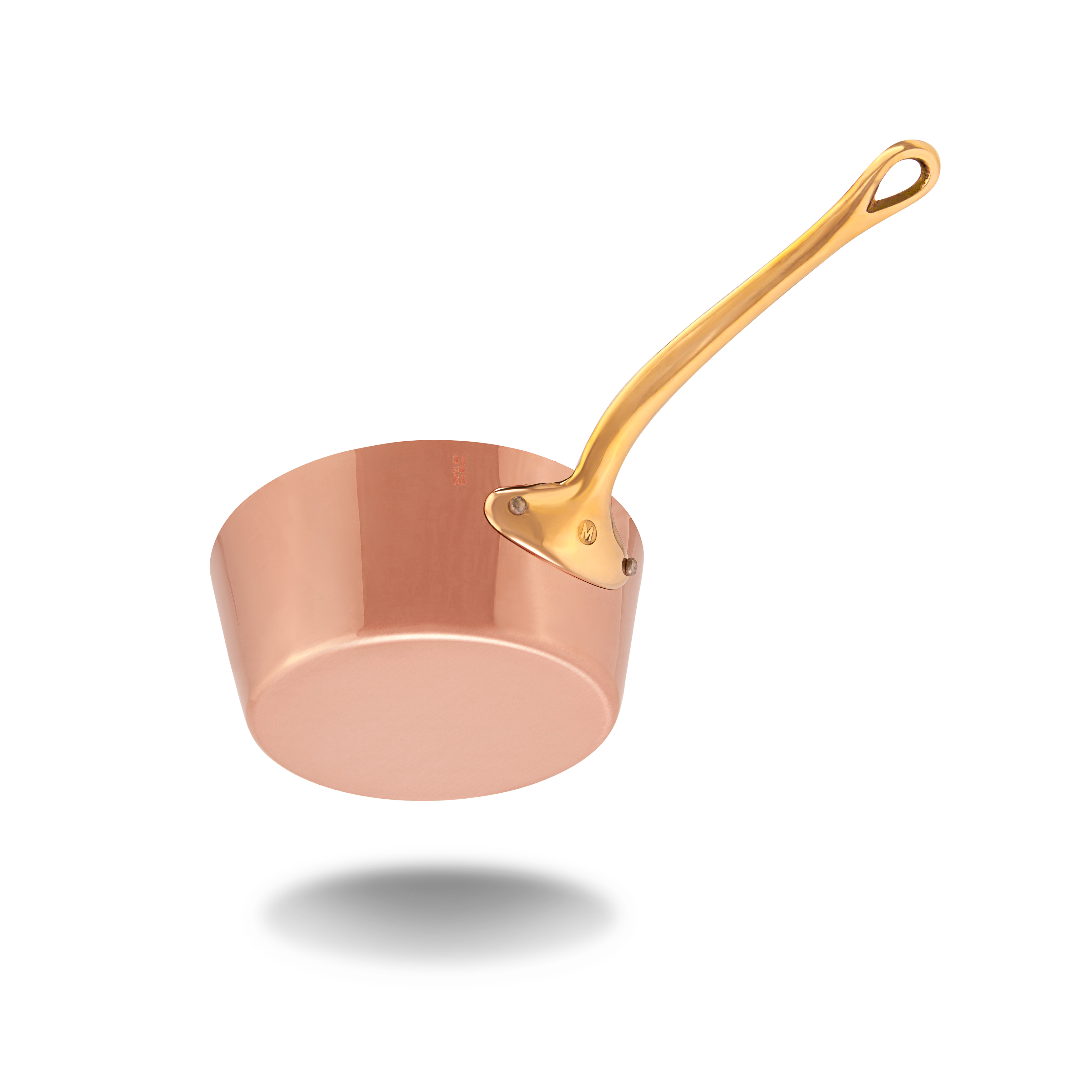 Mauviel M'Heritage M'250 B copper sauté pan with lid, brass handle, 3.6-quart size, showing shiny copper exterior and lid handle.