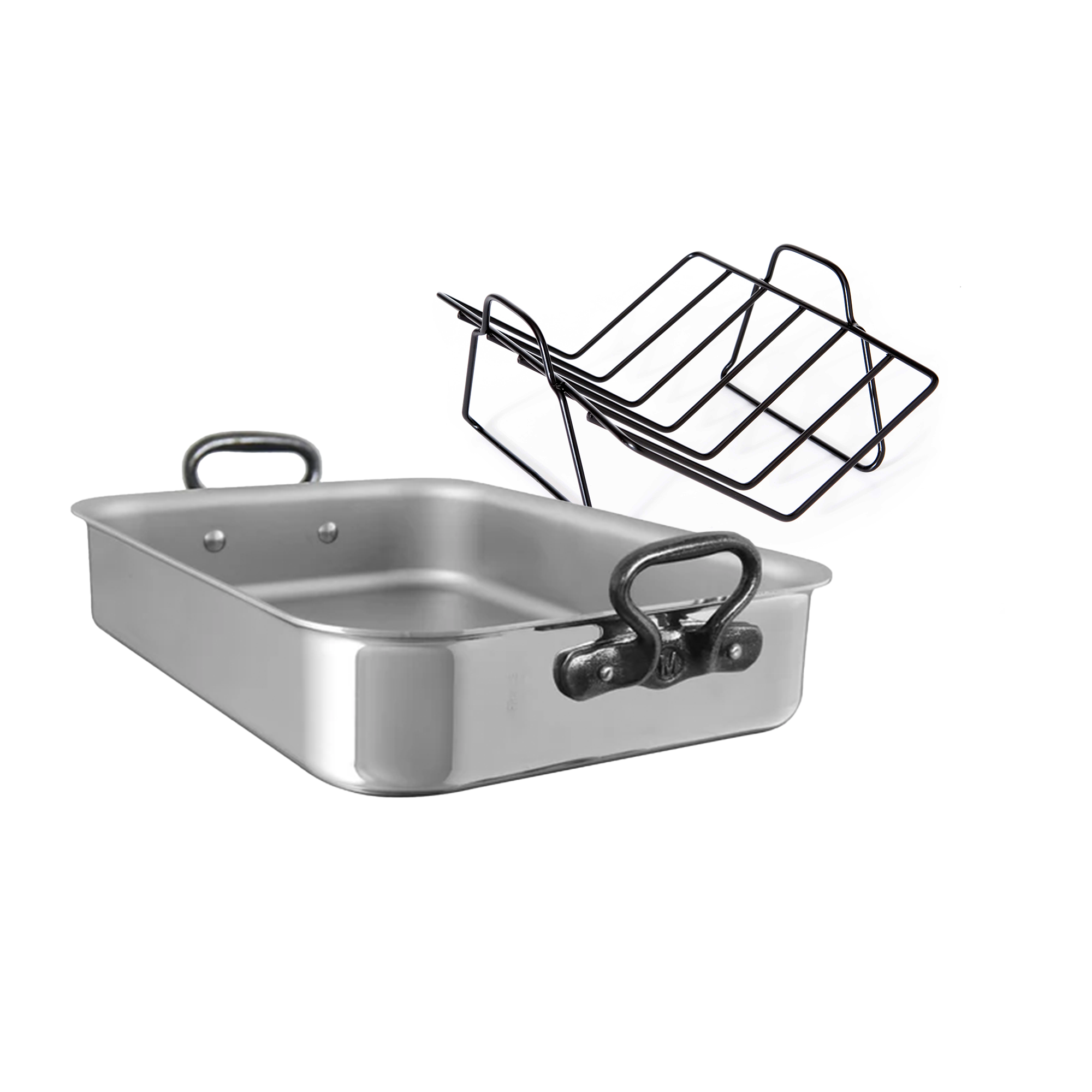 Mauviel Stainless Steel Roasting Pan With Rack And Cast Iron Handles, 15.7-In - Mauviel1830