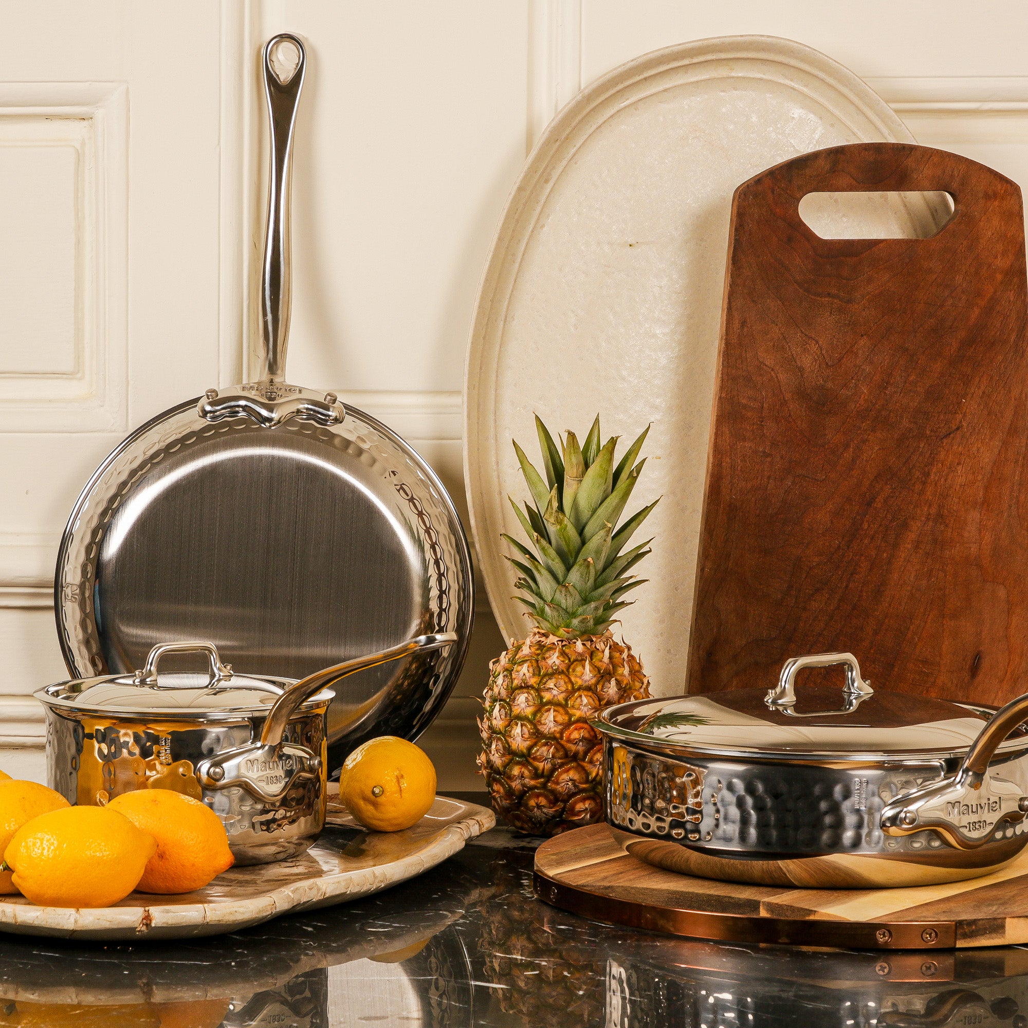 Mauviel M'ELITE Hammered 5-Ply Stewpan With Curved Lid, Cast Stainless Steel Handles, 9.2-Qt - Mauviel1830