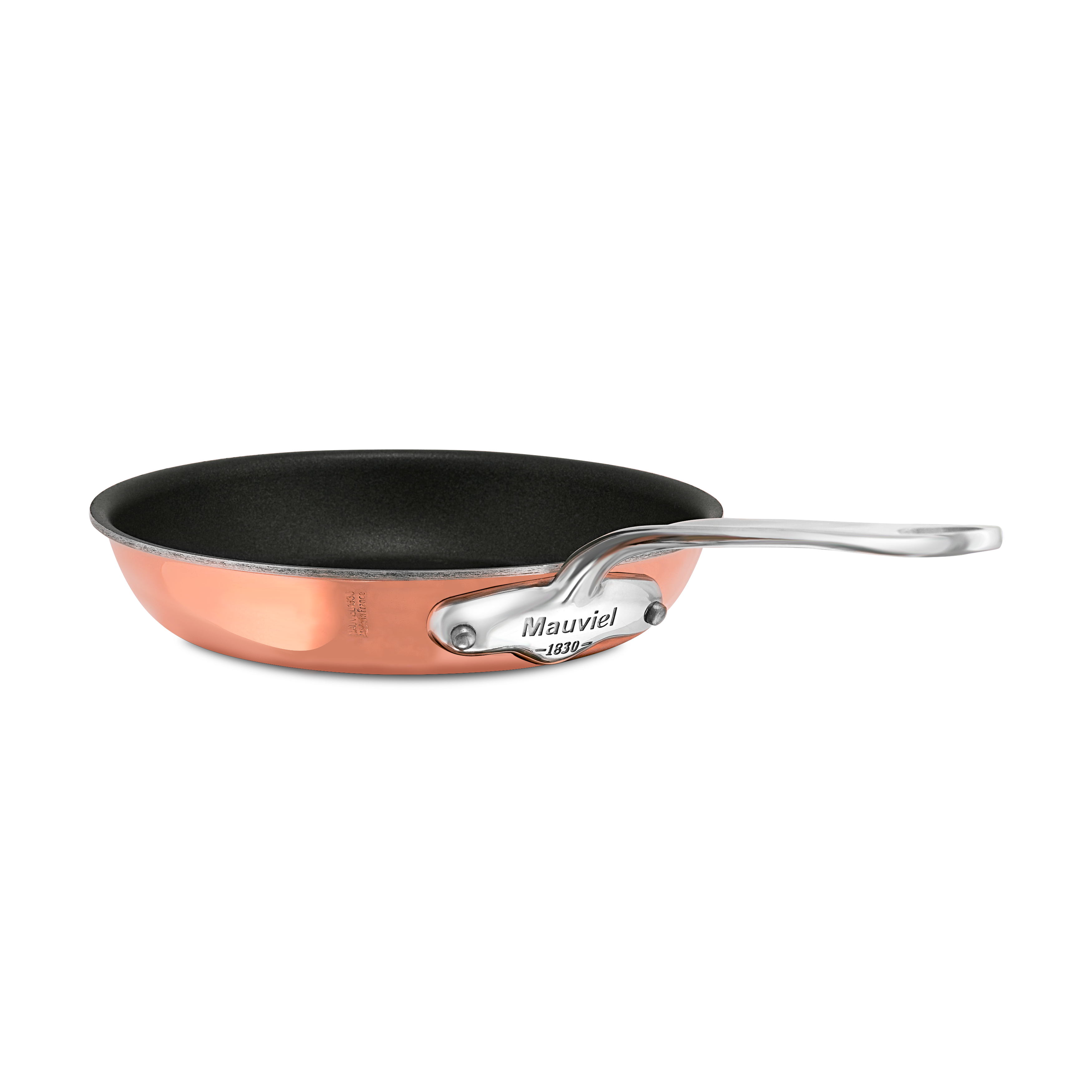 Mauviel M'6 S induction copper nonstick frying pan with cast stainless steel handle, 11.8-inch size, for versatile cooking.