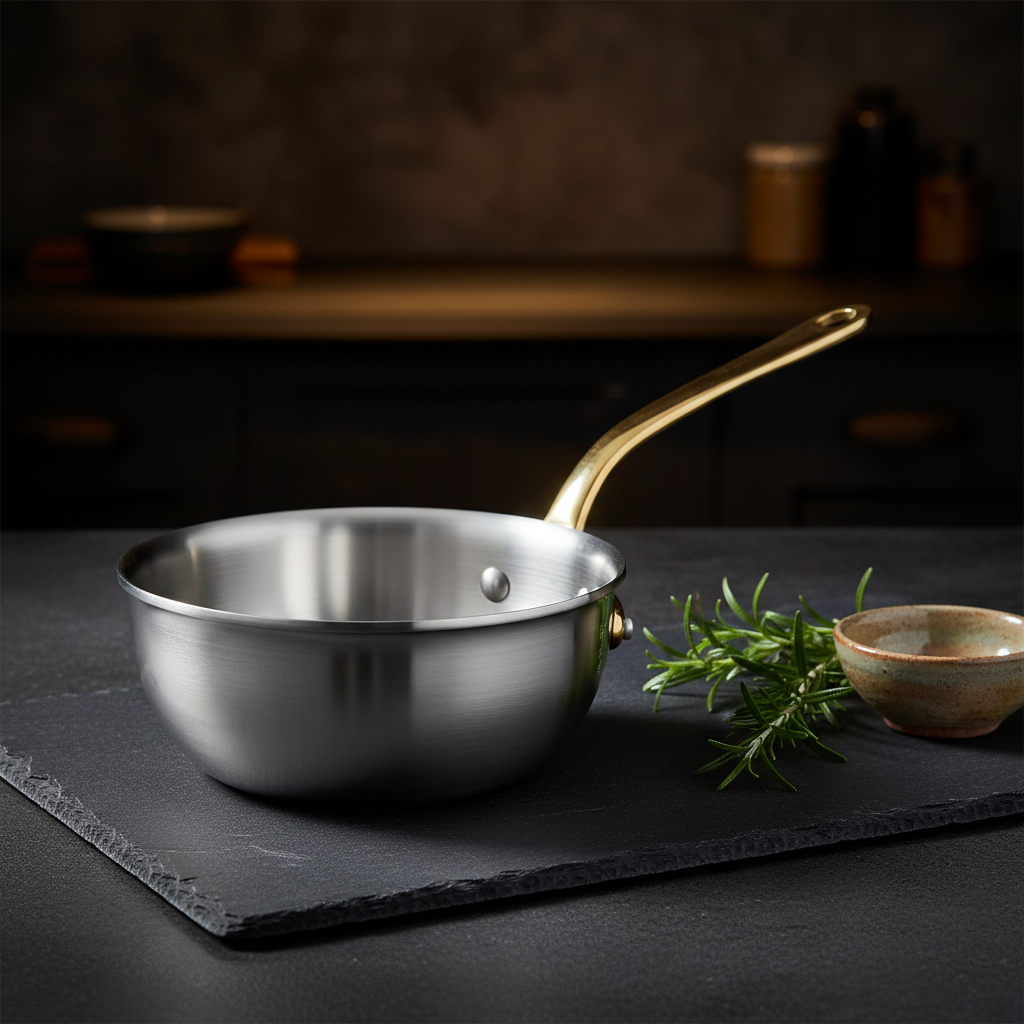 Mauviel M'COOK 5-Ply Chef Pan with brass handle, stainless steel cookware for professional kitchen use, side view showing handle details.