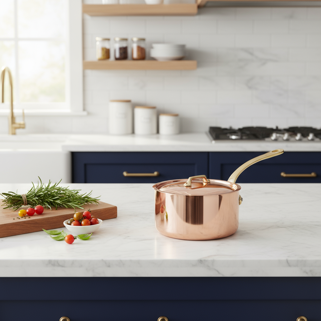 Mauviel M'Heritage M'200 B Copper Sauce Pan With Lid, Brass Handle, 2.6-Qt - Mauviel1830