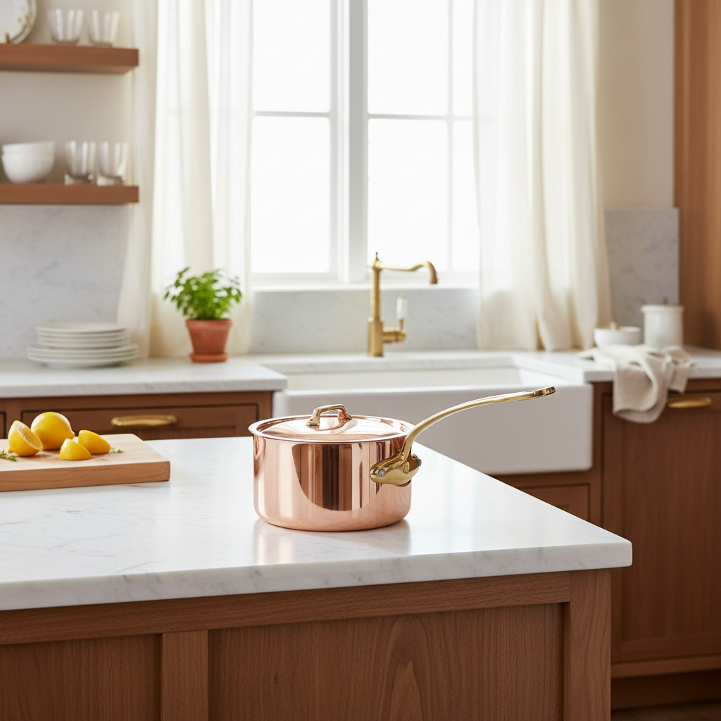 Mauviel M'Heritage M'250 B copper sauce pan with brass handle and lid, shiny copper cookware for precise cooking.