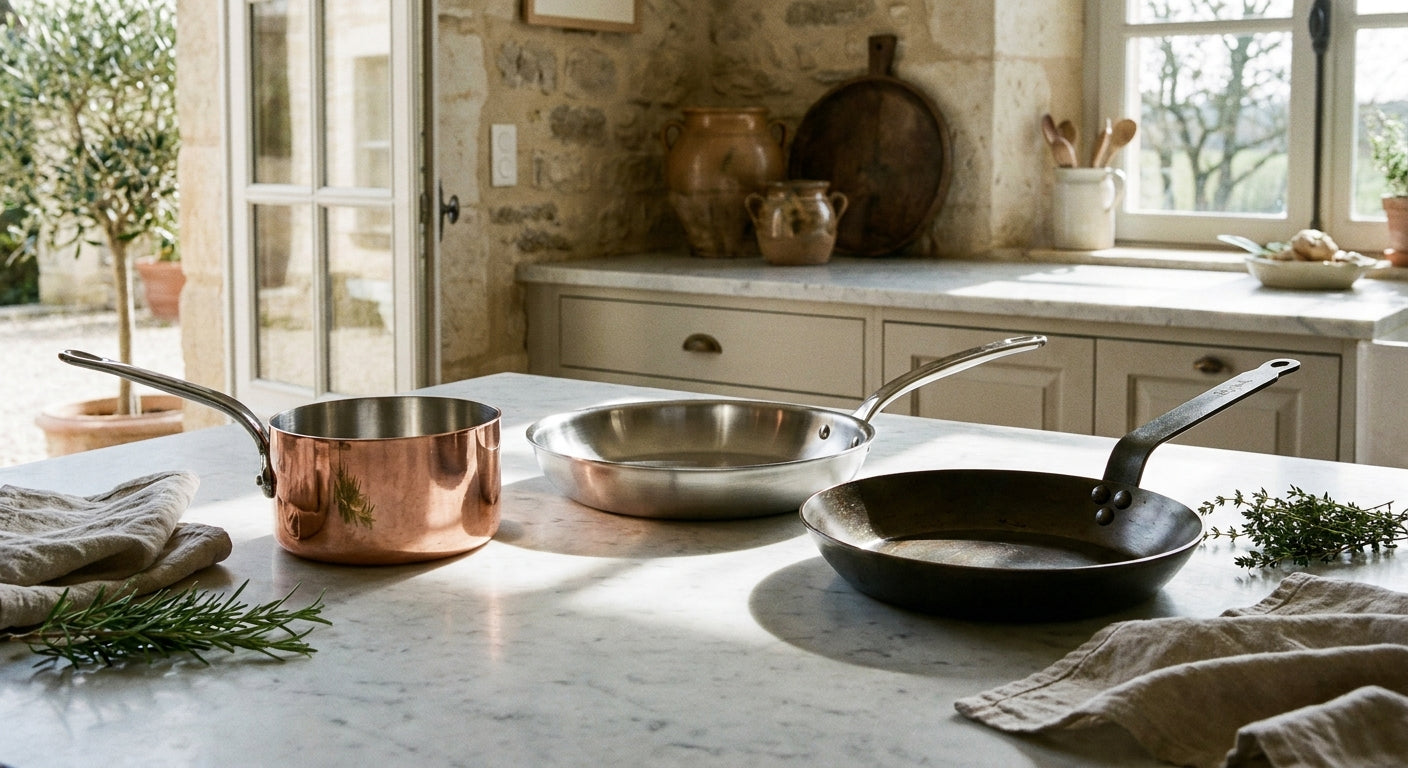 Three Mauviel cookware pans in copper, stainless steel, and carbon steel arranged on a marble surface in soft natural light.