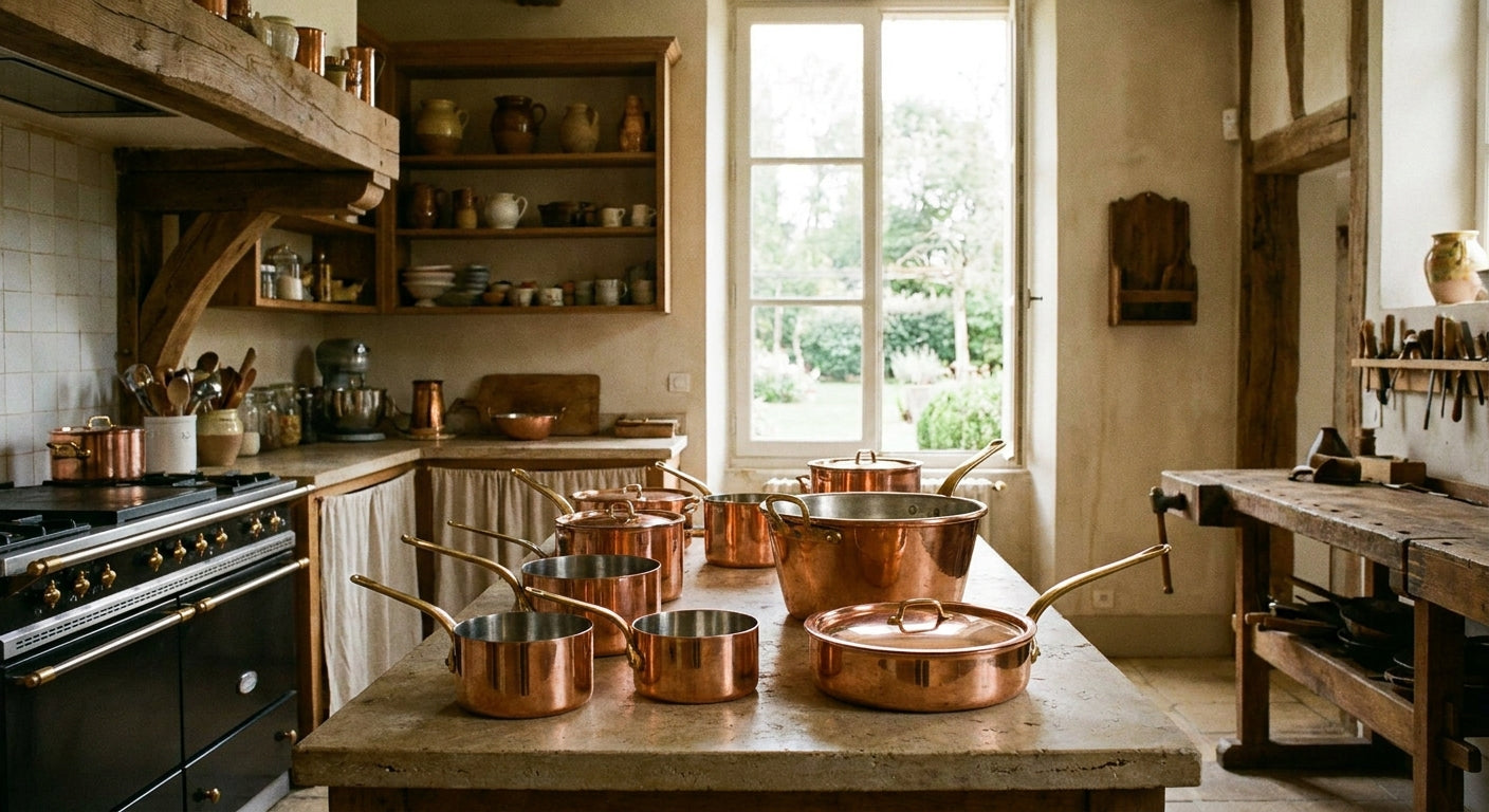 An assortment of gleaming handcrafted French copper cookware arranged on a worn stone countertop in a warmly lit artisanal kitchen.