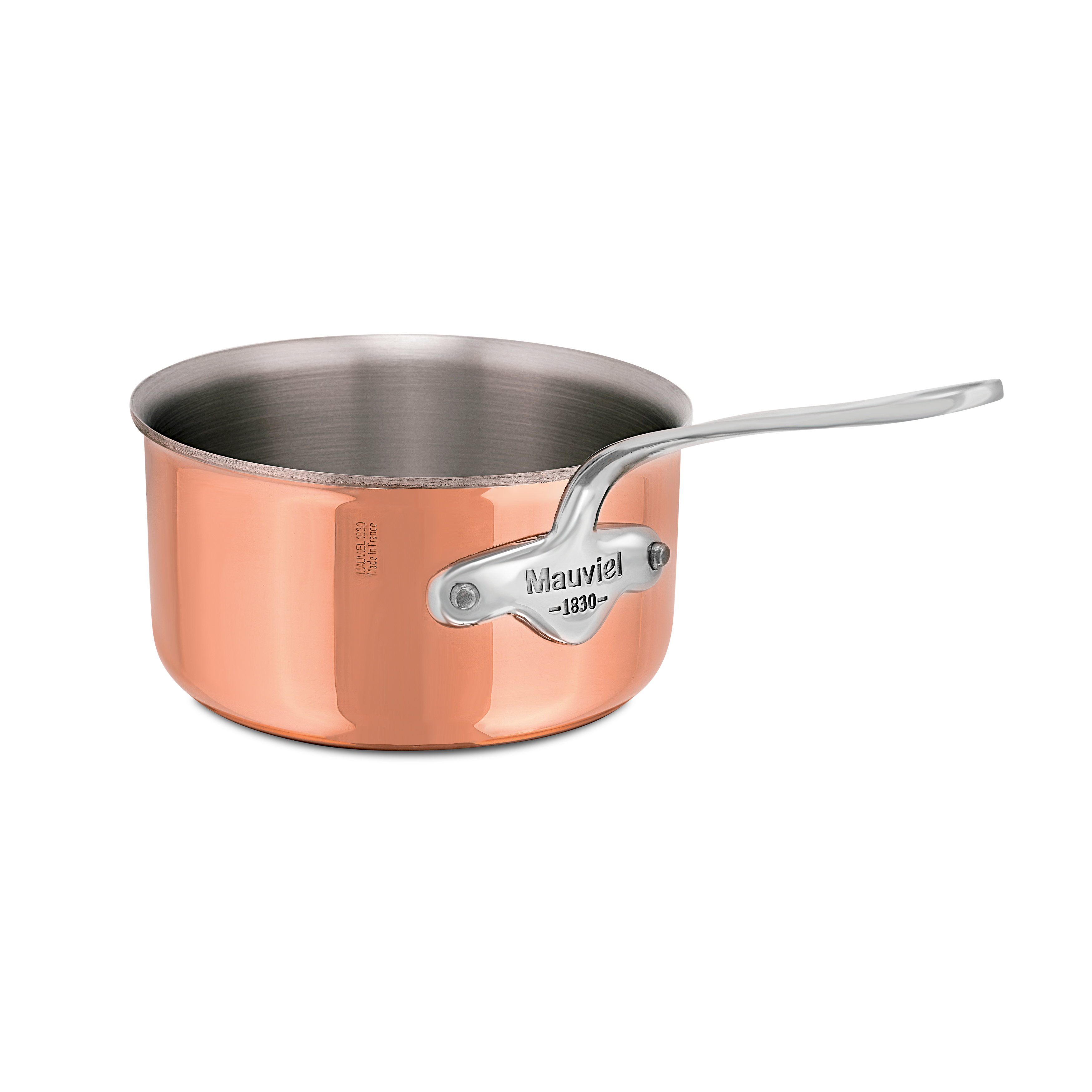 Mauviel M'6 S 12-piece induction copper cookware set with stainless steel handles, including pots and pans arranged on a kitchen countertop.