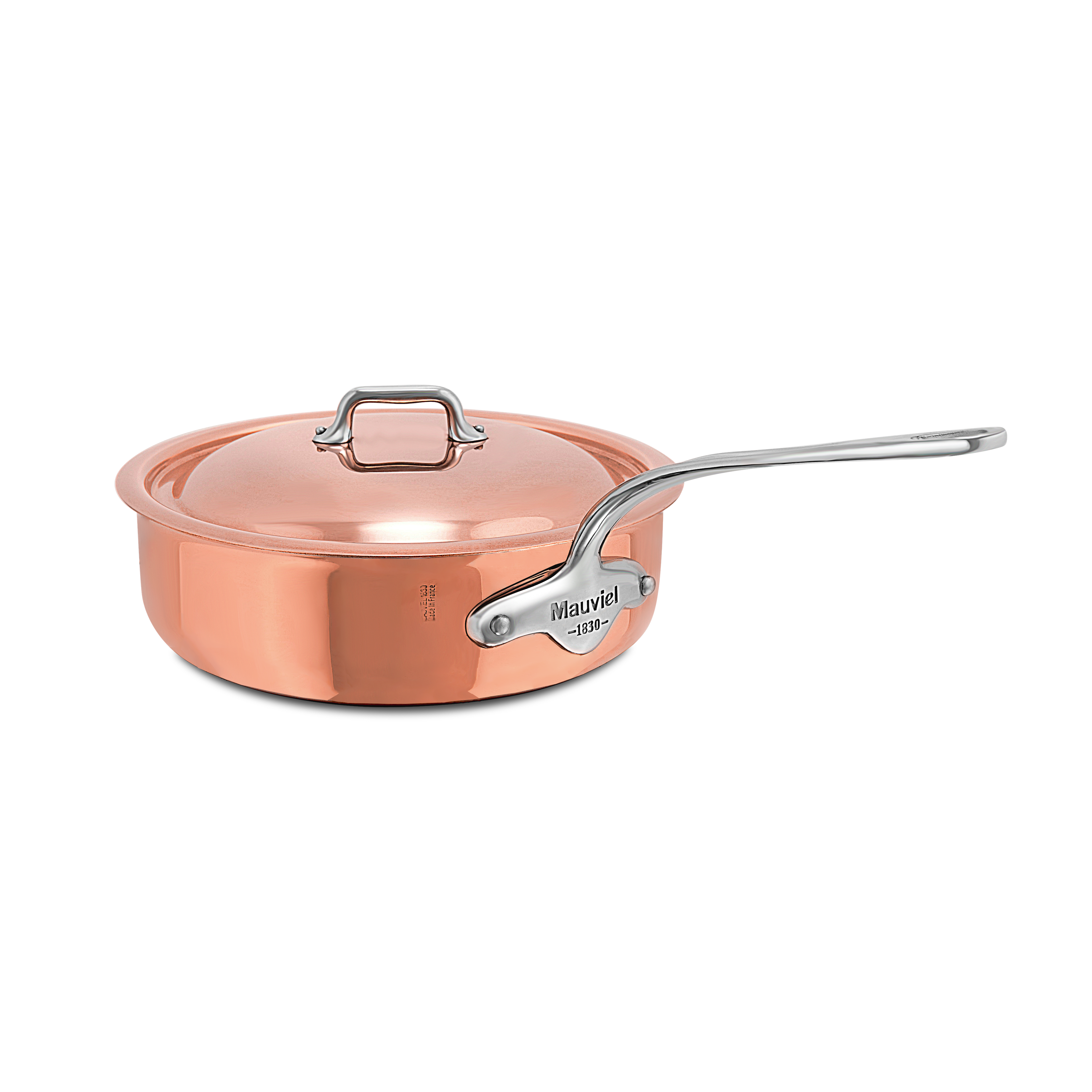 Mauviel M'6 S 12-piece induction copper cookware set with cast stainless steel handles, including pots and pans on a kitchen countertop.