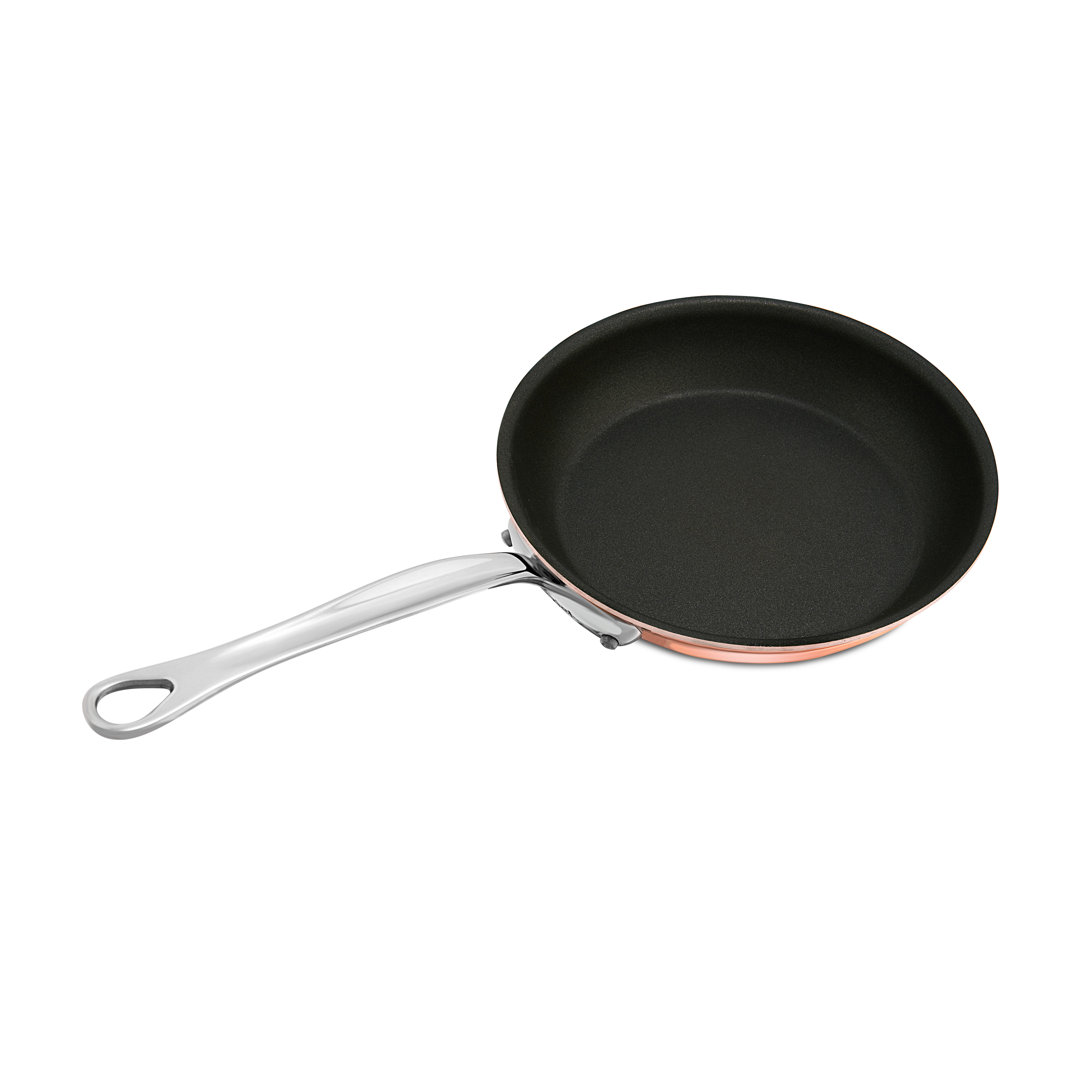 Mauviel M'6 S induction copper nonstick frying pan with cast stainless steel handle, 11.8 inches in diameter.
