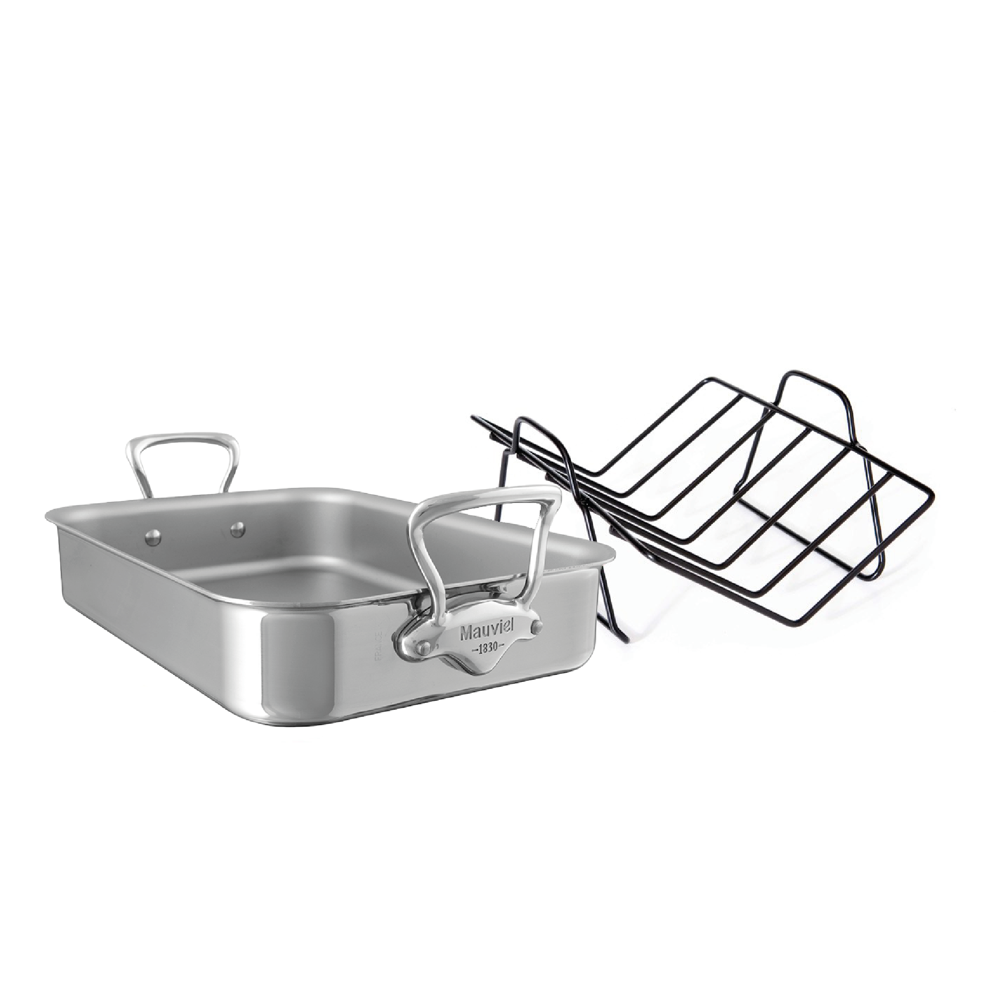 Mauviel stainless steel roasting pan with rack, cast stainless steel handles, 15.7 x 11.8 inches for oven roasting and baking.