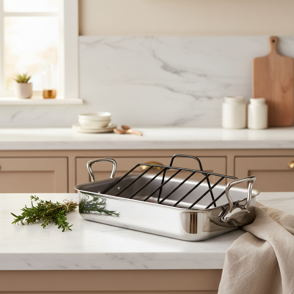 Mauviel Stainless Steel Roasting Pan With Rack, Cast Stainless Steel Handles, 15.7 x 11.8-in