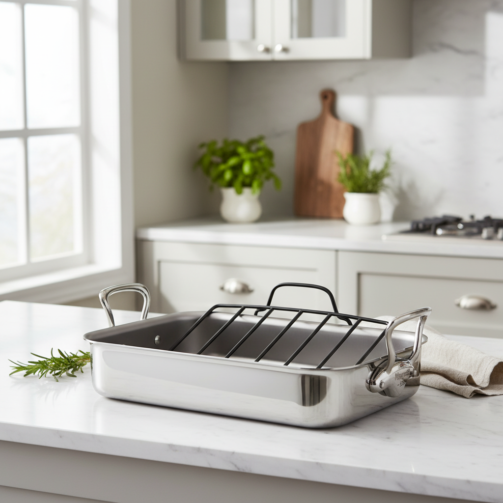 Mauviel Stainless Steel Roasting Pan With Rack, Cast Stainless Steel Handles, 15.7 x 11.8-in