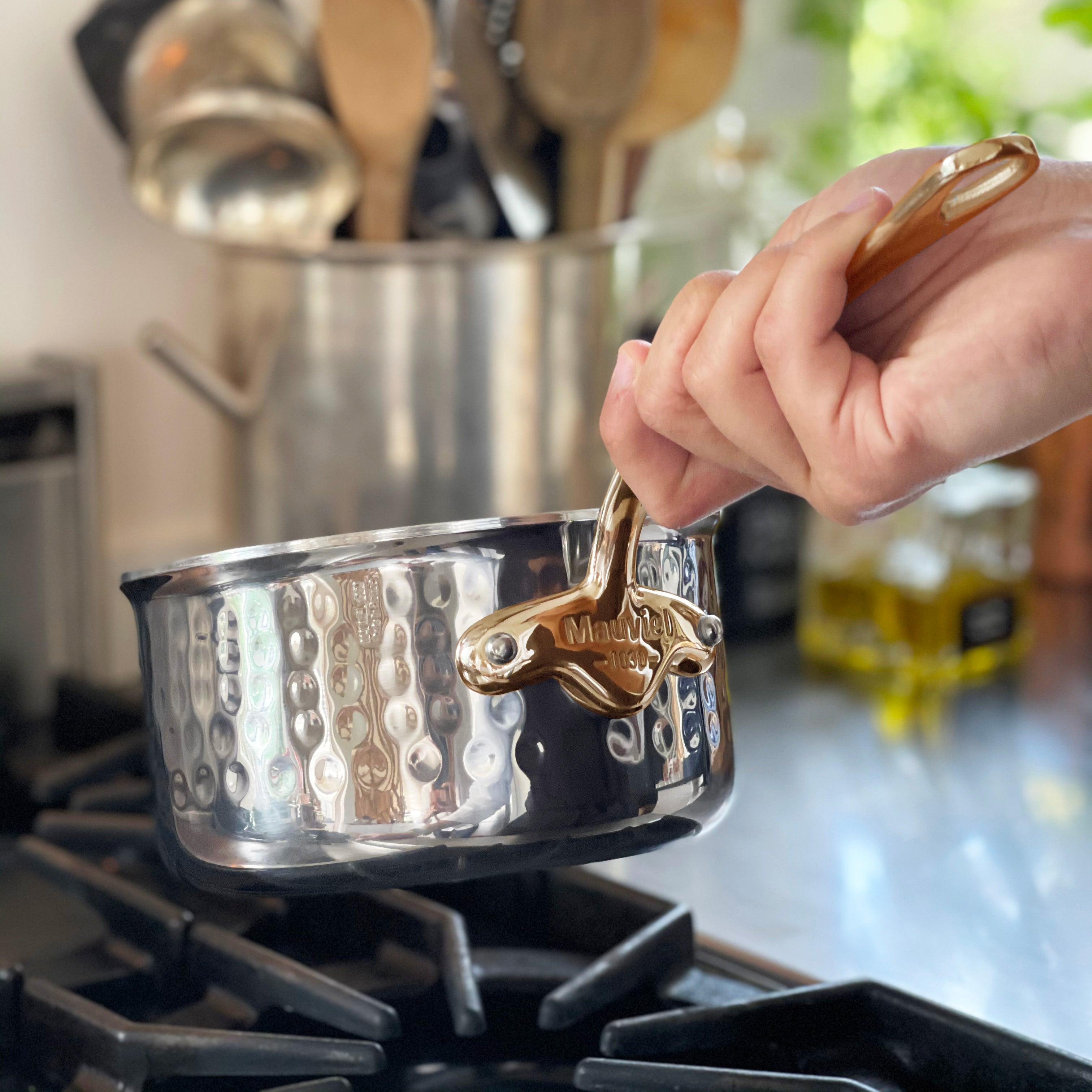 Mauviel M'ELITE B Hammered 5-Ply Sauce Pan With Curved Lid, Brass Handle - Mauviel1830